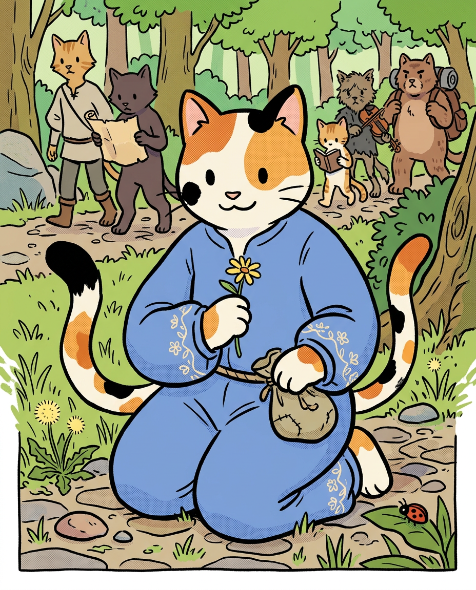 AI Design for � Pippa Sunpatch
Pippa Sunpatch is sunshine in cat form.
Not because she's loud.
Not because she's constantly talking.
But because whenever she's around, things feel a little brighter.
First Impression
Pippa is a calico cat.
Her fur is mostly white, covered in patches of:
🧡 Orange
🖤 Black
🤍 White
The patches are scattered naturally across her body.
When sunlight hits her fur, it almost looks like little pieces of sunlight resting on her coat.
That's where the name Sunpatch comes from.
Face
Pippa has a warm, friendly face.
Her eyes are bright and curious.
Not mischievous like Ashen.
Not focused like Jasper.
Not scholarly like Milo.
Just genuinely interested in the world.
She notices things other people miss.
Clothing
You mentioned blue, and I think blue works perfectly.
Not royal blue.
Not bright blue.
A soft storybook blue.
Something like:
🔵 Cornflower blue
🔵 Sky blue
🔵 Dusty blue
Her outfit could be a simple medieval dress or tunic.
Nothing fancy.
Just comfortable and practical.
Maybe small cream-colored embroidery along the sleeves.
Tiny flower patterns near the edges.
Subtle details.
Accessories
Pippa isn't the type to carry weapons everywhere.
Instead she might carry:
🌼 A flower pouch
🌿 Small gardening tools
📜 Little notes
🍎 Snacks
🐚 Interesting things she finds
Her pockets are always full of random treasures.
Personality
Pippa is kind.
But not in a boring way.
She's the friend who notices when someone feels left out.
The friend who remembers birthdays.
The friend who saves a flower because it looked lonely.
Her Role in the Group
This is important.
Every group needs someone who helps everyone stay connected.
That's Pippa.
When Jasper gets too obsessed with Rowan...
Pippa brings him back to earth.
When Milo disappears into research...
Pippa reminds him to eat.
When Shadow spends twelve hours drawing maps...
Pippa convinces him to take a break.
When Rufus gets discouraged...
Pippa encourages him.
When Ashen gets carried away...
Pippa laughs along with him.
She's the glue.
Pose
In illustrations she's often:
🌼 Holding flowers
🌿 Sitting in gardens
🐦 Feeding birds
📖 Listening to stories
😊 Smiling at friends
Not because she isn't adventurous.
Because she appreciates small beautiful things.
Silhouette
Even in silhouette:
🐱 Cat ears
👗 Simple blue outfit
🌼 Flower in paw
Recognizable immediately.
Storybook Illustration Example
Imagine a chapter illustration.
The group is walking along a forest road.
Jasper is looking ahead.
Shadow is studying a map.
Milo is reading while walking.
Ashen is playing his fiddle.
Rufus is carrying half the supplies.
Meanwhile, Pippa has stopped.
Not because she's tired.
Not because she's distracted.
A tiny wildflower is growing through a crack in a stone beside the road.
She's kneeling beside it.
Just admiring it for a moment.
Then she smiles and catches up with the group.
The Feeling She Gives
If Jasper is the adventure...
If Milo is the knowledge...
If Shadow is the exploration...
If Rufus is the courage...
If Ashen is the joy...
Then Pippa is the warmth.
She's the reason the group feels like friends instead of simply a team.
The kind of character readers remember because she makes the world feel kinder, brighter, and more alive. 🌼🐱💙✨
comic book art style with dot eyes bold black lines minimal shading simple colours baggz oneseie vibrant colours clothinkg middle ages style