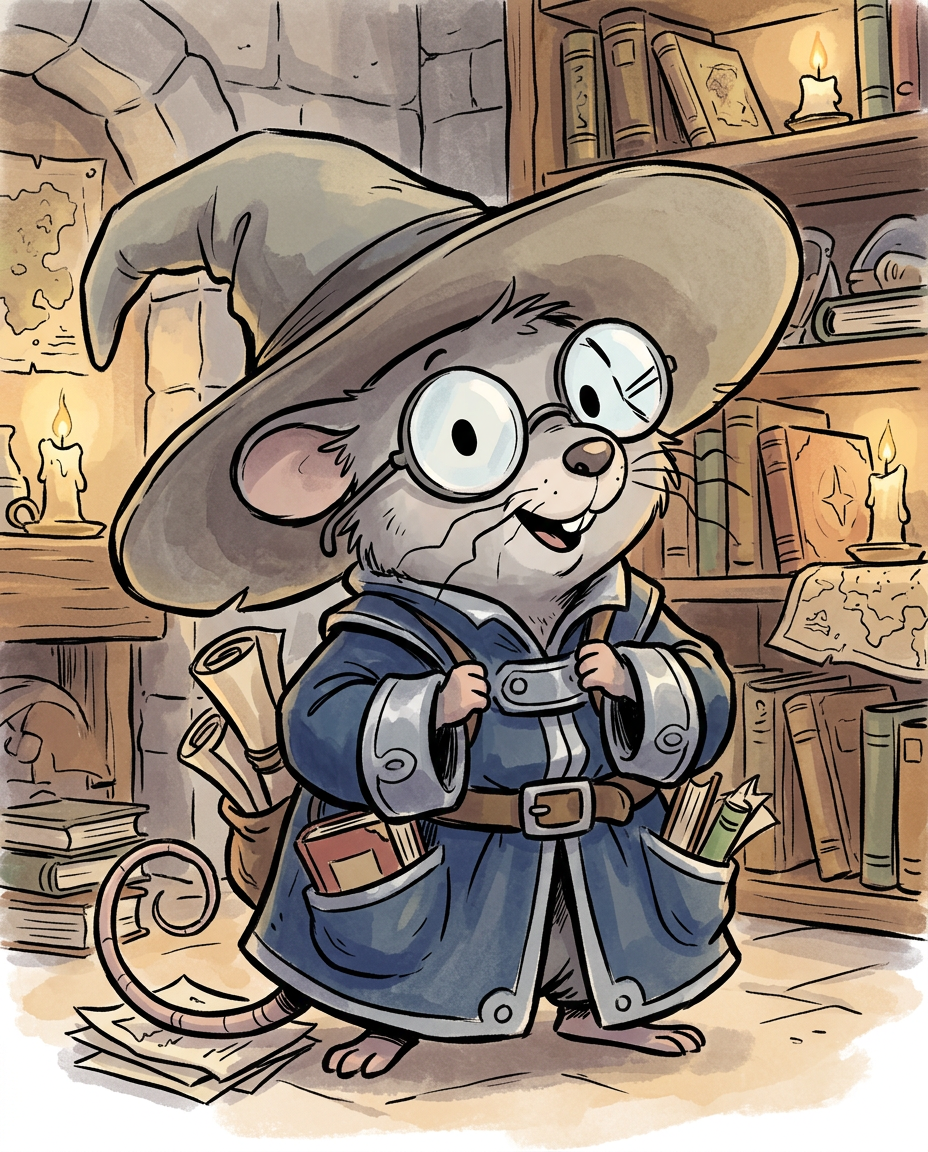 AI Design for Sure! Based on everything you've described so far, this is how I imagine **Milo Underburrow** in the *Embermane Chronicles* storybook art style.

---

# 🐭 Milo Underburrow

Milo is a small mouse, noticeably shorter than almost everyone else in the group.

At first glance, he looks like somebody who accidentally wandered out of a library and into an adventure.

---

## Face

Milo has a soft, friendly face.

His eyes are simple storybook eyes:

⚫ Small black dots or tiny ovals.

Not realistic.

Not anime.

Very expressive despite their simplicity.

His nose is small and dark.

His whiskers stick out in every direction, making him look a little untidy.

Like he forgot to comb them because he was busy reading.

---

## Glasses

One of his most recognizable features.

Large round spectacles.

Slightly oversized for his face.

They constantly slide down his nose.

Sometimes he pushes them back up while talking.

The glasses make him look:

* Curious
* Intelligent
* Slightly goofy

---

## Hat

His hat is enormous.

Almost comically large.

A floppy traveler's hat.

The brim droops slightly.

It casts a shadow over his face.

The hat always looks a little too big for him.

That's part of the charm.

---

## Clothing

Milo wears very baggy clothing.

Loose sleeves.

Oversized coat.

Big pockets everywhere.

The clothes almost look inherited from somebody twice his size.

Colors:

🔵 Deep blue

⚪ Silver-gray details

🟤 Brown belt

Nothing flashy.

Practical.

Comfortable.

A mouse who expects to spend all day reading.

---

## Accessories

Books.

Always books.

Not one book.

Several.

He often carries:

📚 A satchel full of notes

📚 Scrolls sticking out of pockets

📚 Little notebooks

📚 Folded maps

Sometimes papers fall out while he walks.

---

## Pose

When illustrated, Milo rarely stands still.

He's usually:

📖 Reading

📝 Writing notes

🔍 Examining something interesting

🤔 Thinking

Or excitedly explaining something nobody asked about.

---

## Personality Through Art

The illustrator should make him look:

* Enthusiastic
* Intelligent
* Curious
* Slightly chaotic

Not a serious scholar.

Not a boring professor.

More like:

> A mouse who got distracted researching one thing and accidentally discovered twelve more things.

---

## Silhouette

This is important.

Even completely blacked out, you'd recognize him instantly:

🎩 Huge floppy hat

👓 Round glasses

📚 Stack of books

🧥 Oversized coat

🐭 Small body

That silhouette becomes uniquely Milo.

---

## Storybook Illustration Example

Imagine a chapter illustration.

Milo is sitting cross-legged on a library floor.

Books are piled around him.

One book is open.

Another is balanced on his knee.

A third is somehow resting on top of his hat.

His glasses have slipped down his nose.

His tail curls around a stack of papers.

Meanwhile he's grinning because he's just discovered a fascinating fact about Rowan Embermane.

That single image tells you exactly who Milo is.

Not a warrior.

Not a king.

Not a hero in the traditional sense.

Just a wonderfully curious little mouse who loves learning almost as much as Jasper loves adventuring. 🐭📚✨
 gray rat cartoonz bold lines minimal shadind comic book INSpO not copzing