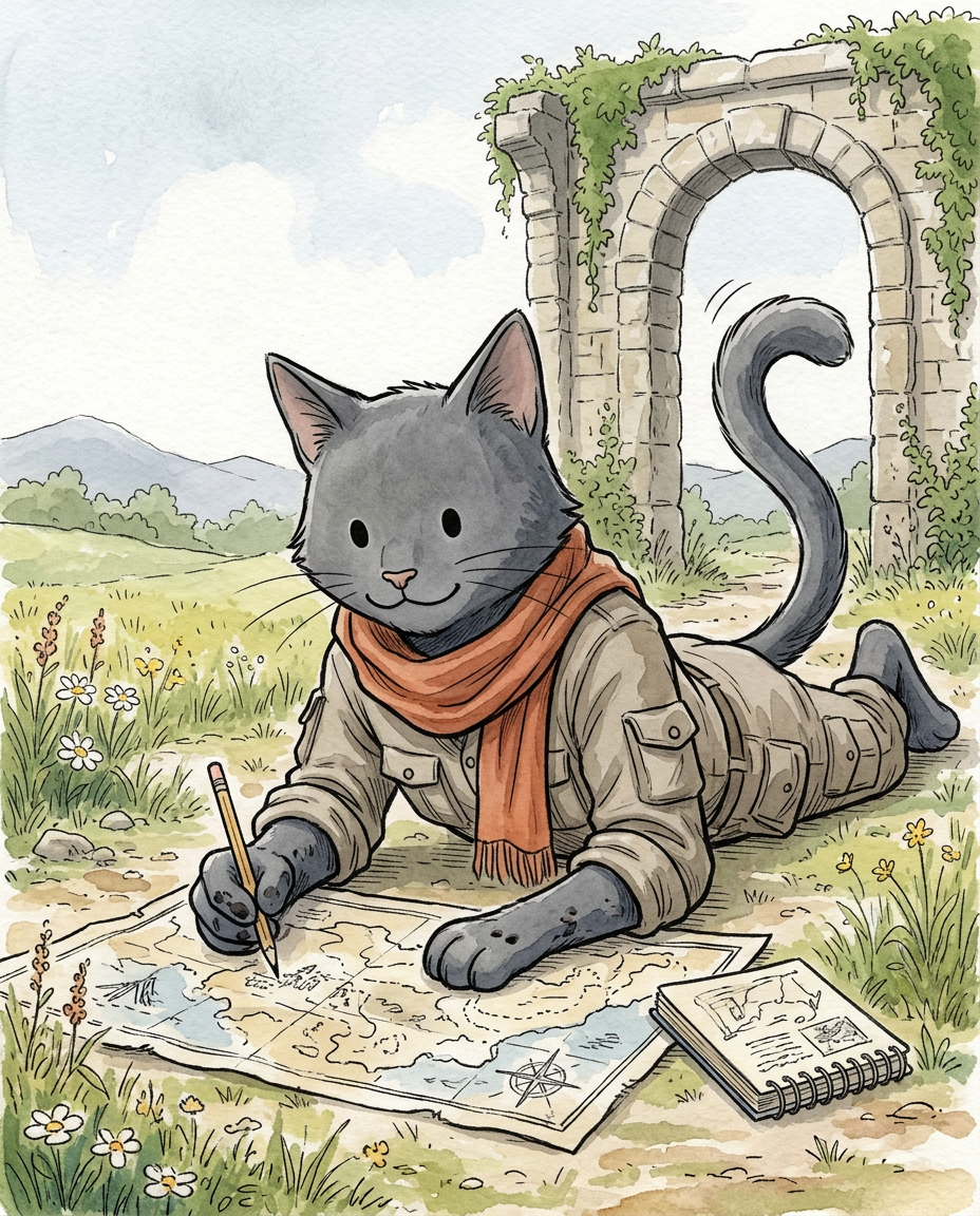 AI Design for � Shadow Nightwhisker

Shadow is probably the most misunderstood member of the group.

People see him sitting quietly with a notebook and assume he's serious.

They see him drawing maps and assume he's mysterious.

They see him standing apart from the others and assume he's lonely.

The truth?

Shadow is one of the happiest cats in the entire group.

He's just usually busy.

First Impression

Shadow is tall.

Very tall.

Not broad like Rufus.

Tall and lean.

His long legs and long tail make him seem older than he actually is.

When the group stands together, Shadow is often the highest head in the crowd.

Fur

Shadow has dark gray fur.

Not black.

Not gloomy.

A soft charcoal gray.

His fur is smooth and tidy because he's always traveling and hates getting dirt on his maps.

Face

His face is gentle.

He smiles often.

Not huge grins like Rufus.

More little smiles.

The kind you see when somebody is enjoying themselves.

His eyes are simple storybook eyes.

Expressive and warm.

When he discovers a new route or finishes a map, his entire face lights up.

The Scarf

His most recognizable feature.

A simple scarf.

Orange-red.

Wrapped around his neck.

The color contrasts beautifully against his gray fur.

It immediately draws attention to him.

When he runs through the countryside, the scarf trails behind him like a banner.

Clothing

Unlike some of the others, Shadow dresses very simply.

No armor.

No giant hat.

No flashy decorations.

Just practical travel clothes.

Neutral colors.

Comfortable fabrics.

Lots of pockets.

Because every pocket is filled with:

🗺️ Notes

🖊️ Pencils

📜 Map fragments

🌿 Interesting things he found

The Cartographer

This is Shadow's role.

He knows roads.

He knows trails.

He knows shortcuts.

He knows forgotten paths.

He knows where streams cross roads and where old bridges stand.

If somebody says:

"Has anyone been here before?"

Shadow probably has.

And if he hasn't?

He's excited to be the first.

Personality Through Art

The biggest mistake would be drawing him as edgy.

He isn't edgy.

He isn't brooding.

He isn't constantly standing in shadows.

He's cheerful.

Curious.

Energetic.

The reason he seems quiet is because he's usually concentrating on a map.

Pose

When illustrated, Shadow is often:

🗺️ Drawing maps

📍 Pointing at a route

✏️ Sketching landmarks

🏃 Exploring ahead

Or excitedly showing the group something he found.

Silhouette

Even in silhouette you'd recognize him.

🐱 Tall frame

🧣 Long scarf

🗺️ Rolled maps

📖 Notebook

Simple.

Clean.

Distinct.

Storybook Illustration Example

Imagine a chapter illustration.

The group has stopped on a hill.

Jasper is looking at the horizon.

Milo is reading.

Rufus is eating lunch.

Ashen is playing his fiddle.

Pippa is collecting flowers.

Meanwhile Shadow is lying flat on his stomach in the grass.

His scarf is spread out behind him.

A notebook is open in front of him.

He's carefully drawing the shape of a distant river.

And he's smiling the entire time.

Not because somebody told him to.

Not because it's important.

Just because he genuinely loves maps.

That's Shadow Nightwhisker:

A tall gray cat with an orange scarf, ink-stained paws, and the happiest cartographer in the kingdom. 🗺️🧣🐱✨ comic book art stzle dot eyes bold black lines alone in the image happyli drawing on map