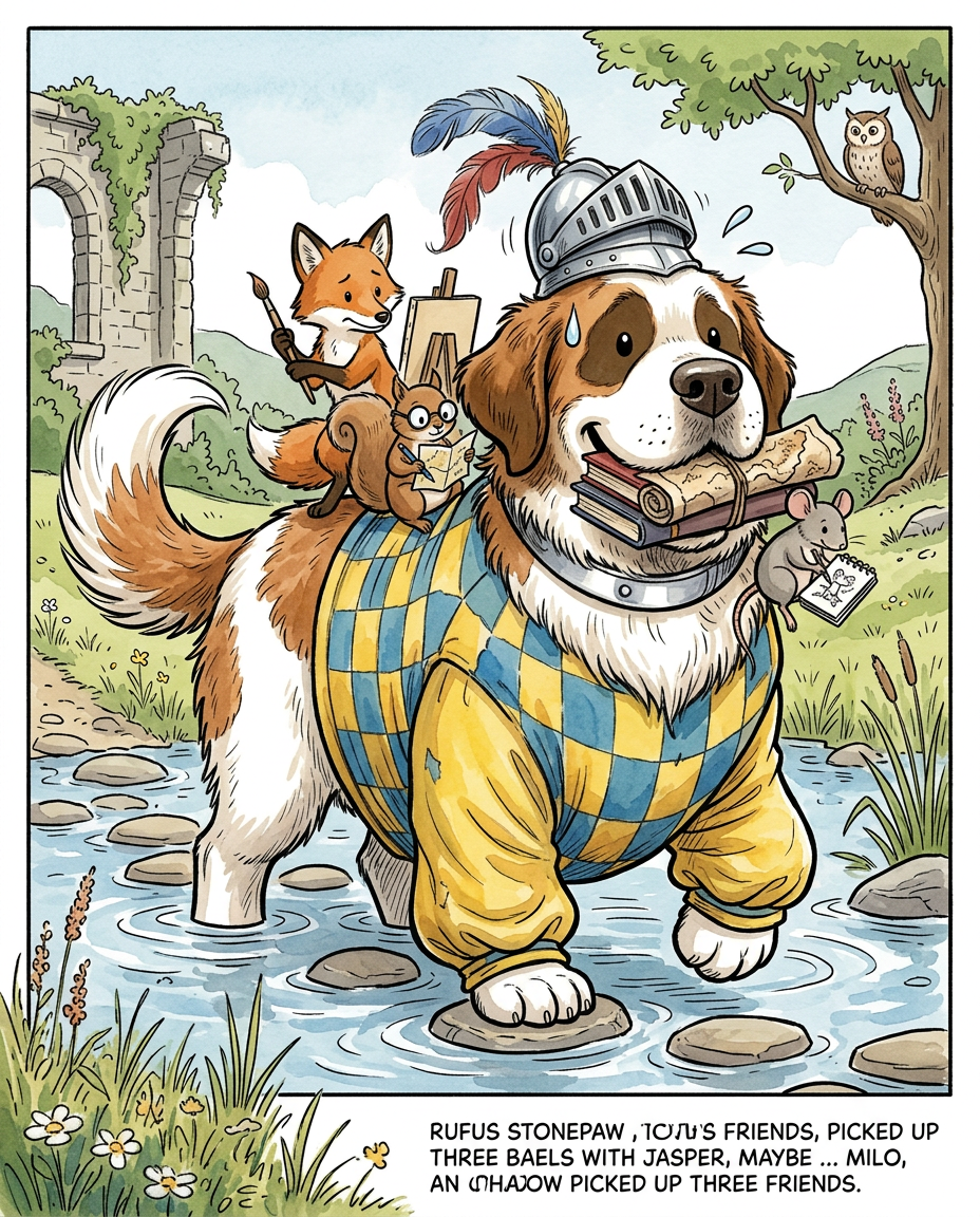 AI Design for # 🐶 Rufus Stonepaw

If Jasper is the dreamer and Milo is the scholar, then **Rufus is the heart of the group**.

The moment somebody sees Rufus, they should smile.

---

## First Impression

Rufus is big.

Very big.

Not scary big.

Comforting big.

The kind of dog who takes up half a bench when he sits down.

He's the tallest member of the friend group and much broader than everyone else.

When he walks, his footsteps feel heavy.

When he laughs, everyone hears it.

When he enters a room, people notice.

---

## Fur

Rufus has mostly white fur.

Across his body are patches of warm brown.

Most notably:

🤎 Around one eye.

🤎 Along parts of his back and shoulders.

🤎 Small patches scattered naturally across his body.

The colors make him look rustic and approachable.

Like a farm dog who somehow became a knight.

---

## Face

His face is friendly.

Very friendly.

Big smile.

Big nose.

Soft eyes.

His eyes aren't sharp or intimidating.

They're warm.

The kind of eyes that say:

> "Don't worry. I'll help."

Even when he has absolutely no idea what's going on.

---

## The Helmet

His most iconic feature.

A knight's helmet.

Silver.

Polished.

Decorated with:

🔵 Blue feathers

🔴 Red feathers

The funny part?

The helmet is too small.

Way too small.

It clearly doesn't fit him properly.

Yet he wears it proudly.

Like the greatest knight in the kingdom.

Everyone recognizes him because of it.

---

## Clothing

Rufus wears a knight-inspired outfit.

Not heavy armor.

More like a colorful medieval tunic.

Pattern:

🟡 Yellow

🔵 Blue

Checkerboard design.

The colors are vibrant without being bright.

They make him stand out immediately.

The outfit is worn and comfortable.

You can tell he's actually lived in it.

---

## The Silver Collar

Around his neck sits a silver collar.

Simple.

Clean.

Almost like a badge of honor.

Not flashy.

Just part of who he is.

---

## Pose

Rufus rarely looks serious.

Most illustrations show him:

😁 Laughing.

🍗 Eating.

🐾 Helping somebody carry something.

🛡 Proudly standing guard.

Or trying very hard to act knightly.

---

## Personality Through Art

The illustrator should communicate:

* Loyalty.
* Courage.
* Kindness.
* Enthusiasm.

Rufus is brave.

But he isn't trying to prove it.

He helps because helping feels right.

---

## Silhouette

Even as a black shadow, you'd instantly recognize him.

🐶 Huge body.

🪖 Tiny helmet.

🛡 Broad shoulders.

The silhouette is unmistakable.

---

## Storybook Illustration Example

Imagine a chapter illustration.

The group is crossing a stream.

Jasper carefully balances on a log.

Milo is checking a map.

Shadow is drawing notes.

Meanwhile Rufus has simply picked up three of his friends at once and is carrying them across.

He's grinning from ear to ear.

His tiny helmet is sliding sideways.

Nobody asked him to do this.

He just thought it would help.

And honestly?

It did.

That single image tells you everything about Rufus Stonepaw:

A giant dog with a tiny helmet, a huge heart, and the unwavering belief that every problem can be solved with courage, friendship, and perhaps a second helping of stew. 🐶🛡️🍲✨
quadropedal big chubbylonge sleeves comic boook art stzle insired  bold thivk lines dot ezes