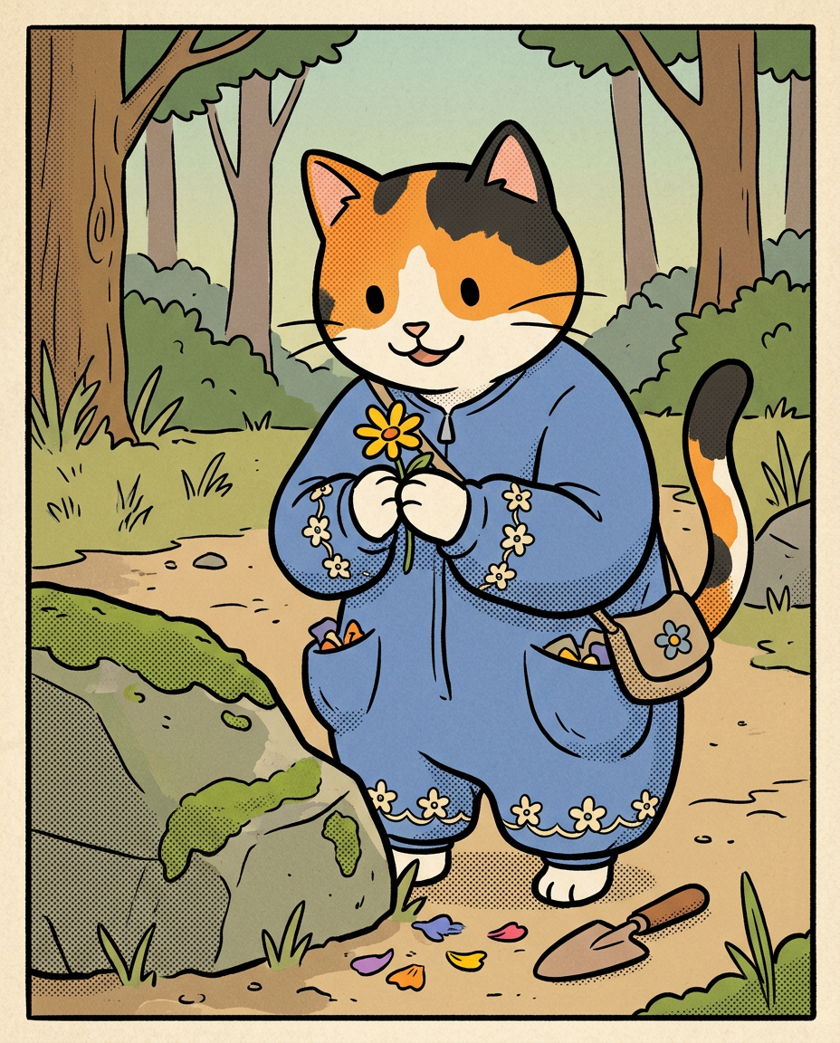AI Design for � Pippa Sunpatch
Pippa Sunpatch is sunshine in cat form.
Not because she's loud.
Not because she's constantly talking.
But because whenever she's around, things feel a little brighter.
First Impression
Pippa is a calico cat.
Her fur is mostly white, covered in patches of:
🧡 Orange
🖤 Black
🤍 White
The patches are scattered naturally across her body.
When sunlight hits her fur, it almost looks like little pieces of sunlight resting on her coat.
That's where the name Sunpatch comes from.
Face
Pippa has a warm, friendly face.
Her eyes are bright and curious.
Not mischievous like Ashen.
Not focused like Jasper.
Not scholarly like Milo.
Just genuinely interested in the world.
She notices things other people miss.
Clothing
You mentioned blue, and I think blue works perfectly.
Not royal blue.
Not bright blue.
A soft storybook blue.
Something like:
🔵 Cornflower blue
🔵 Sky blue
🔵 Dusty blue
Her outfit could be a simple medieval dress or tunic.
Nothing fancy.
Just comfortable and practical.
Maybe small cream-colored embroidery along the sleeves.
Tiny flower patterns near the edges.
Subtle details.
Accessories
Pippa isn't the type to carry weapons everywhere.
Instead she might carry:
🌼 A flower pouch
🌿 Small gardening tools
📜 Little notes
🍎 Snacks
🐚 Interesting things she finds
Her pockets are always full of random treasures.
Personality
Pippa is kind.
But not in a boring way.
She's the friend who notices when someone feels left out.
The friend who remembers birthdays.
The friend who saves a flower because it looked lonely.
Her Role in the Group
This is important.
Every group needs someone who helps everyone stay connected.
That's Pippa.
When Jasper gets too obsessed with Rowan...
Pippa brings him back to earth.
When Milo disappears into research...
Pippa reminds him to eat.
When Shadow spends twelve hours drawing maps...
Pippa convinces him to take a break.
When Rufus gets discouraged...
Pippa encourages him.
When Ashen gets carried away...
Pippa laughs along with him.
She's the glue.
Pose
In illustrations she's often:
🌼 Holding flowers
🌿 Sitting in gardens
🐦 Feeding birds
📖 Listening to stories
😊 Smiling at friends
Not because she isn't adventurous.
Because she appreciates small beautiful things.
Silhouette
Even in silhouette:
🐱 Cat ears
👗 Simple blue outfit
🌼 Flower in paw
Recognizable immediately.
Storybook Illustration Example
Imagine a chapter illustration.
The group is walking along a forest road.
Jasper is looking ahead.
Shadow is studying a map.
Milo is reading while walking.
Ashen is playing his fiddle.
Rufus is carrying half the supplies.
Meanwhile, Pippa has stopped.
Not because she's tired.
Not because she's distracted.
A tiny wildflower is growing through a crack in a stone beside the road.
She's kneeling beside it.
Just admiring it for a moment.
Then she smiles and catches up with the group.
The Feeling She Gives
If Jasper is the adventure...
If Milo is the knowledge...
If Shadow is the exploration...
If Rufus is the courage...
If Ashen is the joy...
Then Pippa is the warmth.
She's the reason the group feels like friends instead of simply a team.
The kind of character readers remember because she makes the world feel kinder, brighter, and more alive. 🌼🐱💙✨
comic book art style with dot eyes bold black lines minimal shading simple colours baggz oneseie vibrant colours
