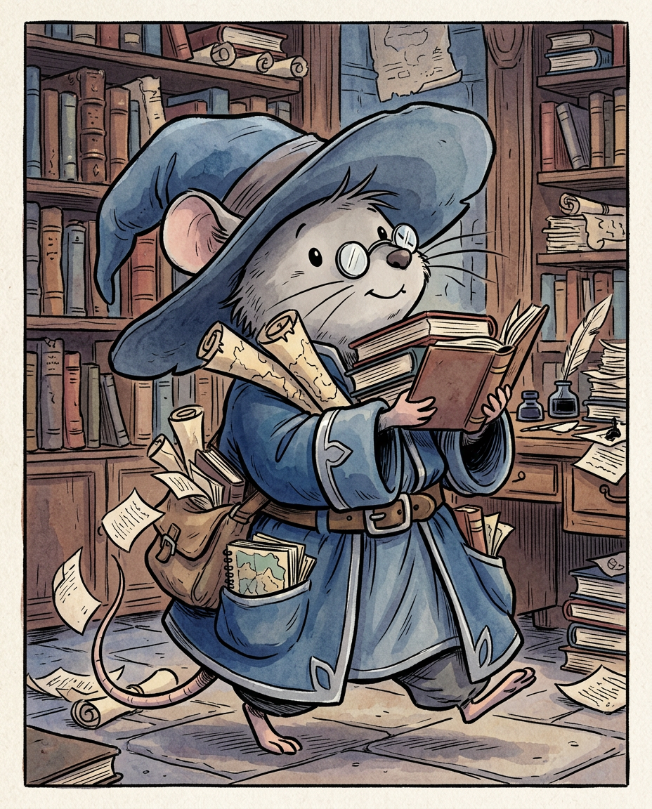 AI Design for Sure! Based on everything you've described so far, this is how I imagine **Milo Underburrow** in the *Embermane Chronicles* storybook art style.
---
# 🐭 Milo Underburrow
Milo is a small mouse, noticeably shorter than almost everyone else in the group.
At first glance, he looks like somebody who accidentally wandered out of a library and into an adventure.
---
## Face
Milo has a soft, friendly face.
His eyes are simple storybook eyes:
⚫ Small black dots or tiny ovals.
Not realistic.
Not anime.
Very expressive despite their simplicity.
His nose is small and dark.
His whiskers stick out in every direction, making him look a little untidy.
Like he forgot to comb them because he was busy reading.
---
## Glasses
One of his most recognizable features.
Large round spectacles.
Slightly oversized for his face.
They constantly slide down his nose.
Sometimes he pushes them back up while talking.
The glasses make him look:
* Curious
* Intelligent
* Slightly goofy
---
## Hat
His hat is enormous.
Almost comically large.
A floppy traveler's hat.
The brim droops slightly.
It casts a shadow over his face.
The hat always looks a little too big for him.
That's part of the charm.
---
## Clothing
Milo wears very baggy clothing.
Loose sleeves.
Oversized coat.
Big pockets everywhere.
The clothes almost look inherited from somebody twice his size.
Colors:
🔵 Deep blue
⚪ Silver-gray details
🟤 Brown belt
Nothing flashy.
Practical.
Comfortable.
A mouse who expects to spend all day reading.
---
## Accessories
Books.
Always books.
Not one book.
Several.
He often carries:
📚 A satchel full of notes
📚 Scrolls sticking out of pockets
📚 Little notebooks
📚 Folded maps
Sometimes papers fall out while he walks.
---
## Pose
When illustrated, Milo rarely stands still.
He's usually:
📖 Reading
📝 Writing notes
🔍 Examining something interesting
🤔 Thinking
Or excitedly explaining something nobody asked about.
---
## Personality Through Art
The illustrator should make him look:
* Enthusiastic
* Intelligent
* Curious
* Slightly chaotic
Not a serious scholar.
Not a boring professor.
More like:
> A mouse who got distracted researching one thing and accidentally discovered twelve more things.
---
## Silhouette
This is important.
Even completely blacked out, you'd recognize him instantly:
🎩 Huge floppy hat
👓 Round glasses
📚 Stack of books
🧥 Oversized coat
🐭 Small body
That silhouette becomes uniquely Milo.
---
## Storybook Illustration Example
Imagine a chapter illustration.
Milo is sitting cross-legged on a library floor.
Books are piled around him.
One book is open.
Another is balanced on his knee.
A third is somehow resting on top of his hat.
His glasses have slipped down his nose.
His tail curls around a stack of papers.
Meanwhile he's grinning because he's just discovered a fascinating fact about Rowan Embermane.
That single image tells you exactly who Milo is.
Not a warrior.
Not a king.
Not a hero in the traditional sense.
Just a wonderfully curious little mouse who loves learning almost as much as Jasper loves adventuring. 🐭📚✨
gray rat cartoonz bold lines minimal shadind comic book INSpO not copzing