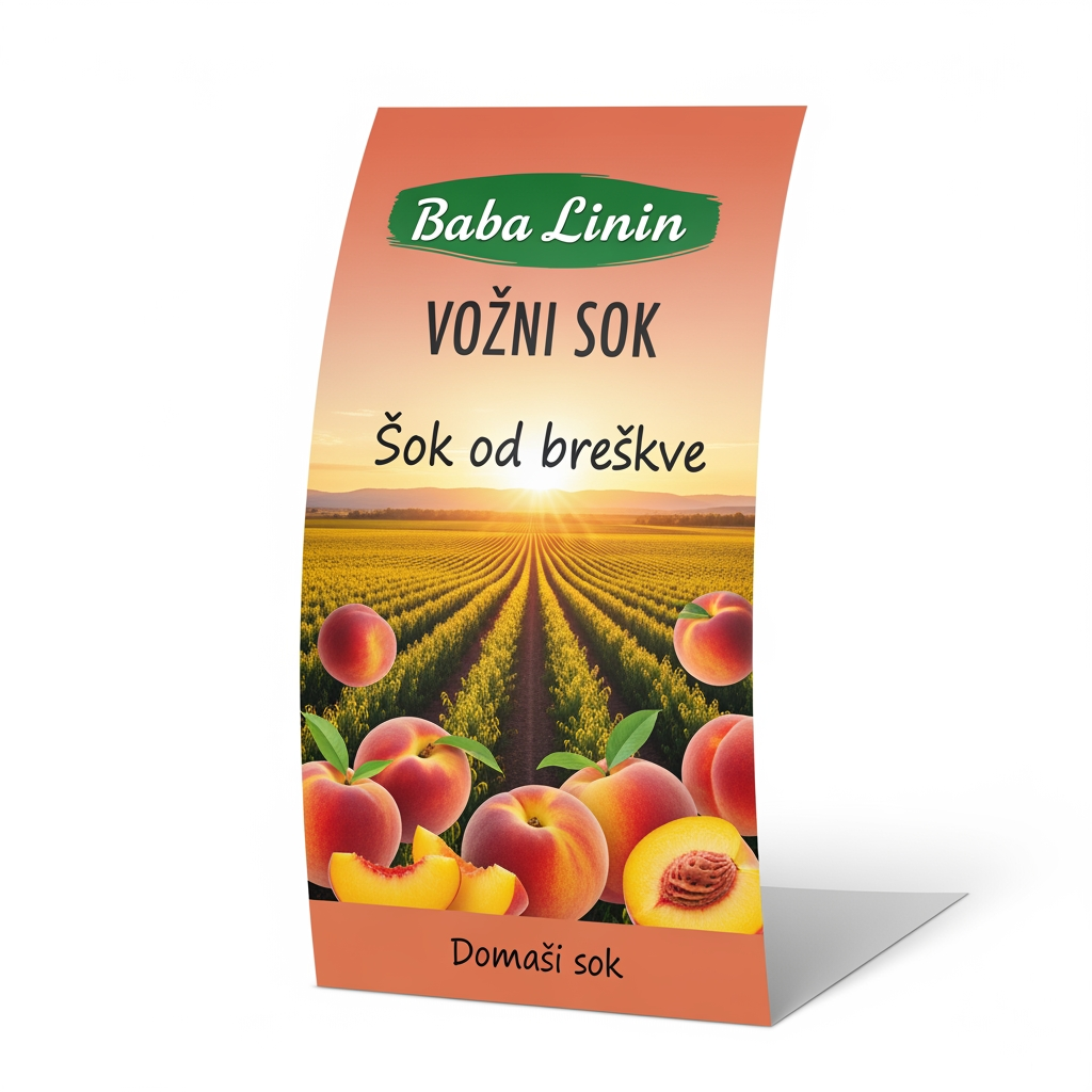 AI Design for a comforting curved paper that we can put on bottles logo on a white backgorund that says Baba Linin VEUV and then down says Sok od breskve with images of peaches and has a peachy gradient with feilds of peaches a comforting domaci sok written in serbian the c is ć it should be warm and delightfull