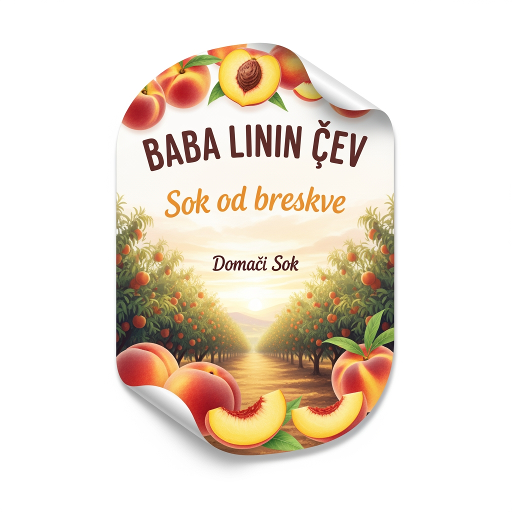 AI Design for a comforting logo image of logo dilling the paperthat we can put on bottles logo on a white backgorund that says Baba Linin VEUV and then down says Sok od breskve with images of peaches and has a peachy gradient with feilds of peaches a comforting domaci sok written in serbian the c is ć it should be warm and delightfull