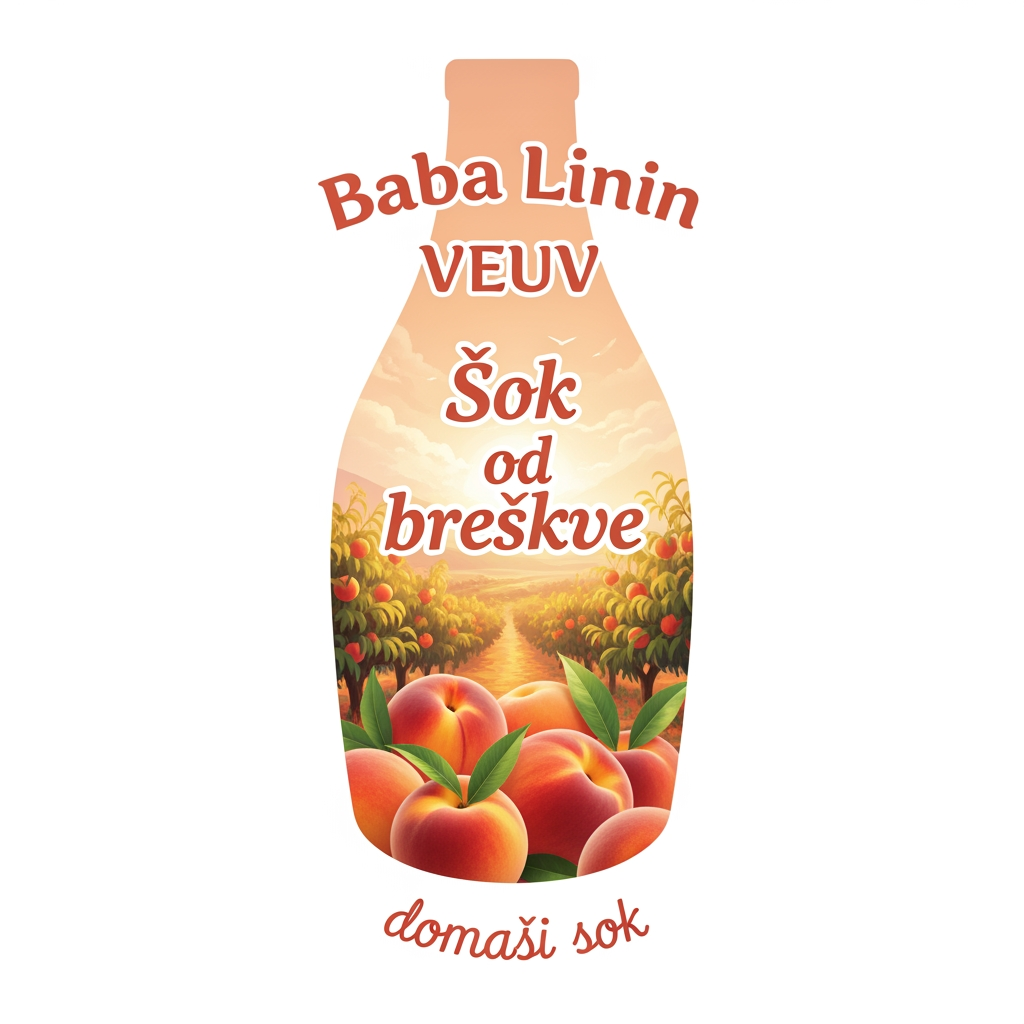 AI Design for a comforting curved bottle logo on a white backgorund that says Baba Linin VEUV and then down says Sok od breskve with images of peaches and has a peachy gradient with feilds of peaches a comforting domaci sok written in serbian the c is ć it should be warm and delightfull