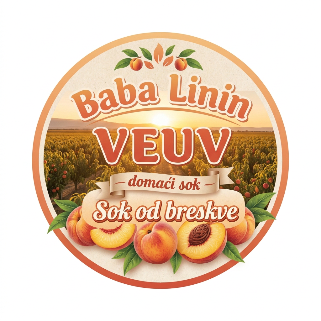 AI Design for a comforting logo image of logo dilling the paperthat we can put on bottles logo on a white backgorund that says Baba Linin VEUV and then down says Sok od breskve with images of peaches and has a peachy gradient with feilds of peaches a comforting domaci sok written in serbian the c is ć not č and not sok od breškve just sok od breskve it should be warm and delightfull