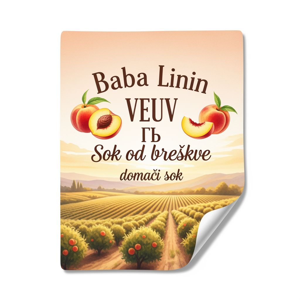 AI Design for a comforting logo image of logo dilling the paperthat we can put on bottles logo on a white backgorund that says Baba Linin VEUV and then down says Sok od breskve with images of peaches and has a peachy gradient with feilds of peaches a comforting domaci sok written in serbian the c is ć it should be warm and delightfull
