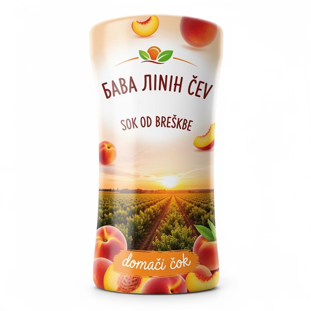 AI Design for a comforting curved bottle logo on a white backgorund that says Baba Linin VEUV and then down says Sok od breskve with images of peaches and has a peachy gradient with feilds of peaches a comforting domaci sok written in serbian the c is ć it should be warm and delightfull