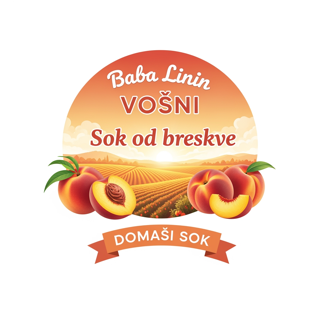 AI Design for a comforting logo image of logo dilling the paperthat we can put on bottles logo on a white backgorund that says Baba Linin VEUV and then down says Sok od breskve with images of peaches and has a peachy gradient with feilds of peaches a comforting domaci sok written in serbian the c is ć it should be warm and delightfull
