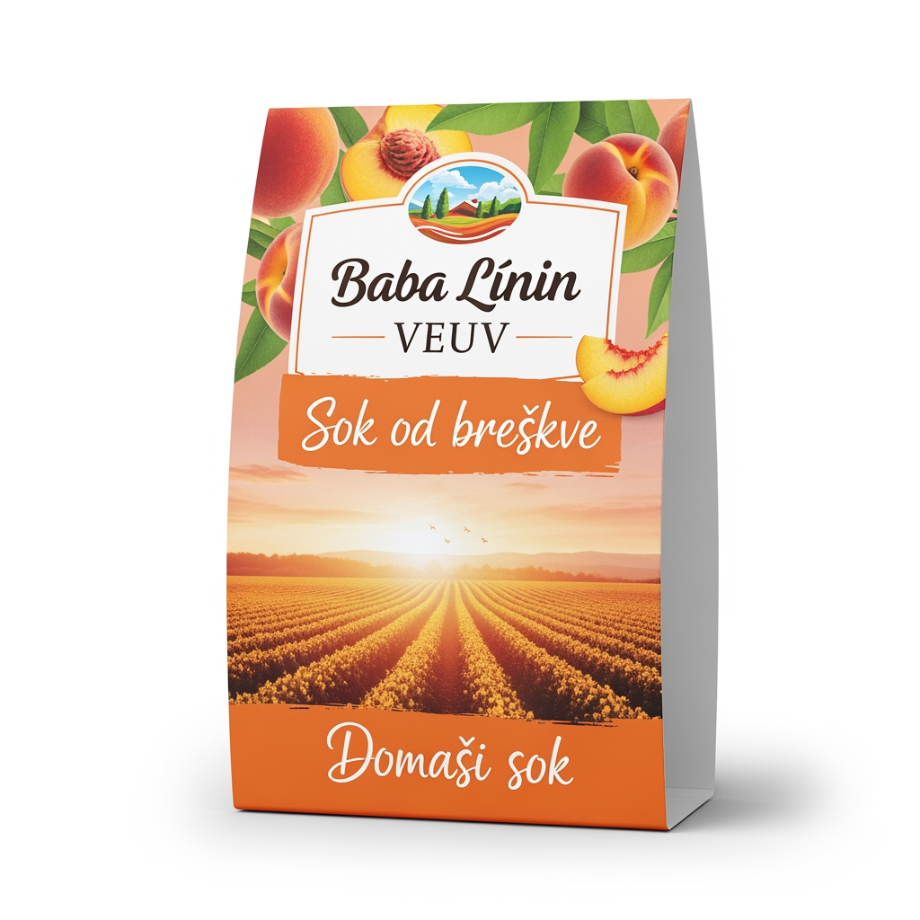 AI Design for a comforting curved paper that we can put on bottles logo on a white backgorund that says Baba Linin VEUV and then down says Sok od breskve with images of peaches and has a peachy gradient with feilds of peaches a comforting domaci sok written in serbian the c is ć it should be warm and delightfull