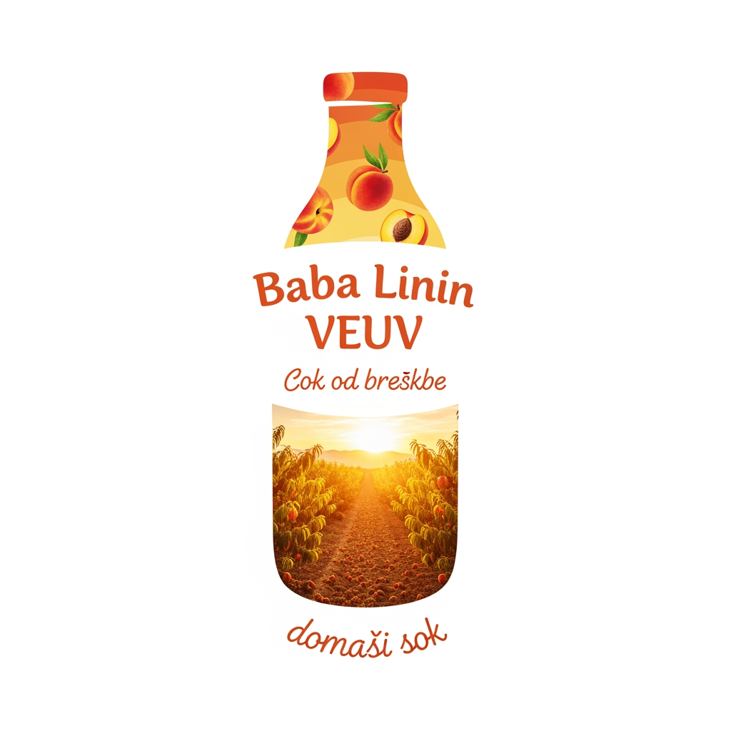 AI Design for a comforting curved bottle logo on a white backgorund that says Baba Linin VEUV and then down says Sok od breskve with images of peaches and has a peachy gradient with feilds of peaches a comforting domaci sok written in serbian the c is ć it should be warm and delightfull