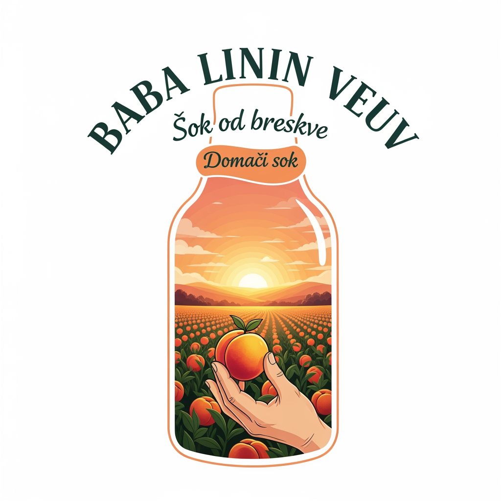 AI Design for a comforting logo image of logo dilling the paperthat we can put on bottles logo on a white backgorund that says Baba Linin VEUV and then down says Sok od breskve with images of peaches and has a peachy gradient with feilds of peaches a comforting domaci sok written in serbian the c is ć it should be warm and delightfull
