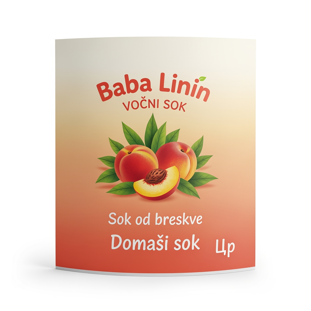 AI Design for a comforting curved paper that we can put on bottles logo on a white backgorund that says Baba Linin VEUV and then down says Sok od breskve with images of peaches and has a peachy gradient with feilds of peaches a comforting domaci sok written in serbian the c is ć it should be warm and delightfull