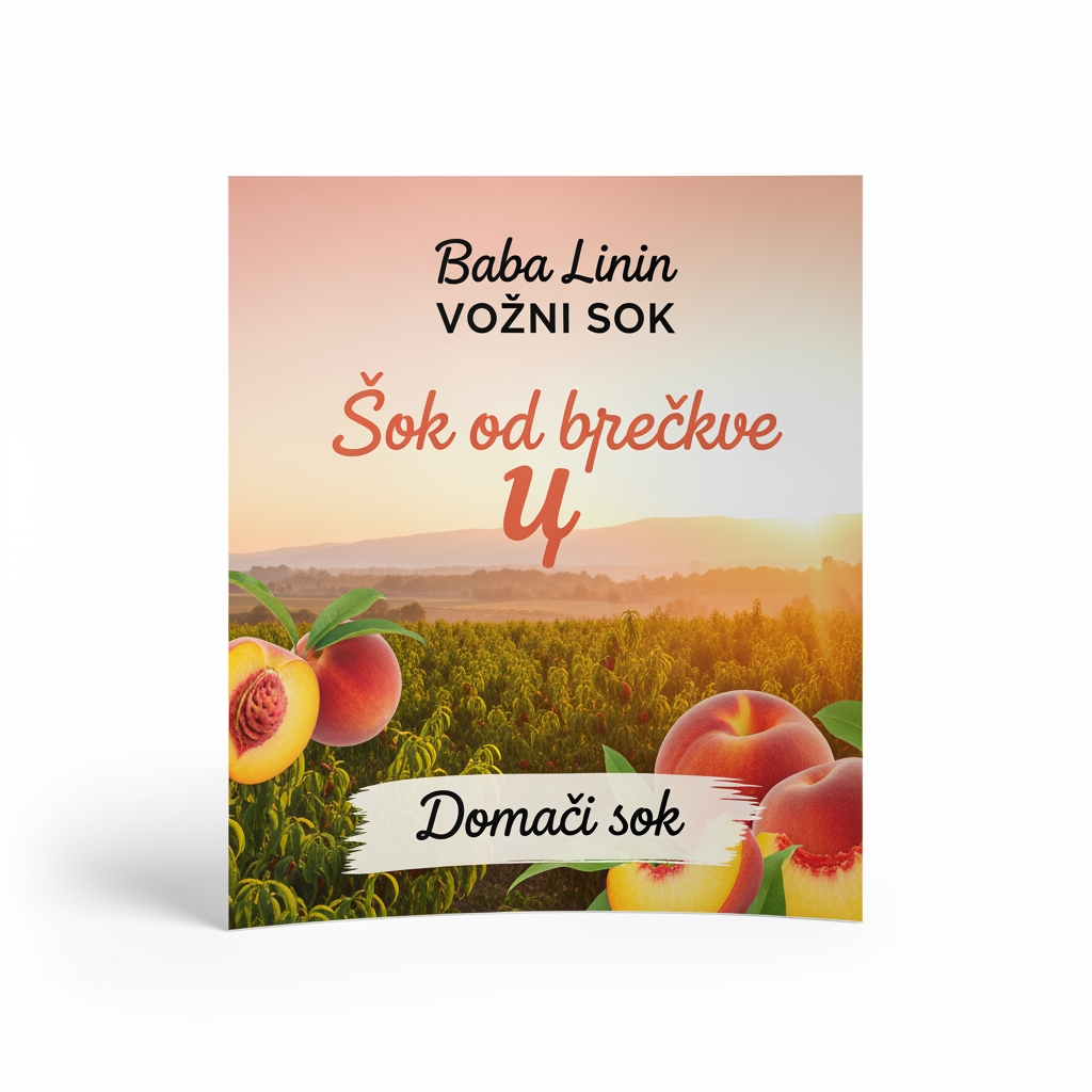 AI Design for a comforting curved paper that we can put on bottles logo on a white backgorund that says Baba Linin VEUV and then down says Sok od breskve with images of peaches and has a peachy gradient with feilds of peaches a comforting domaci sok written in serbian the c is ć it should be warm and delightfull