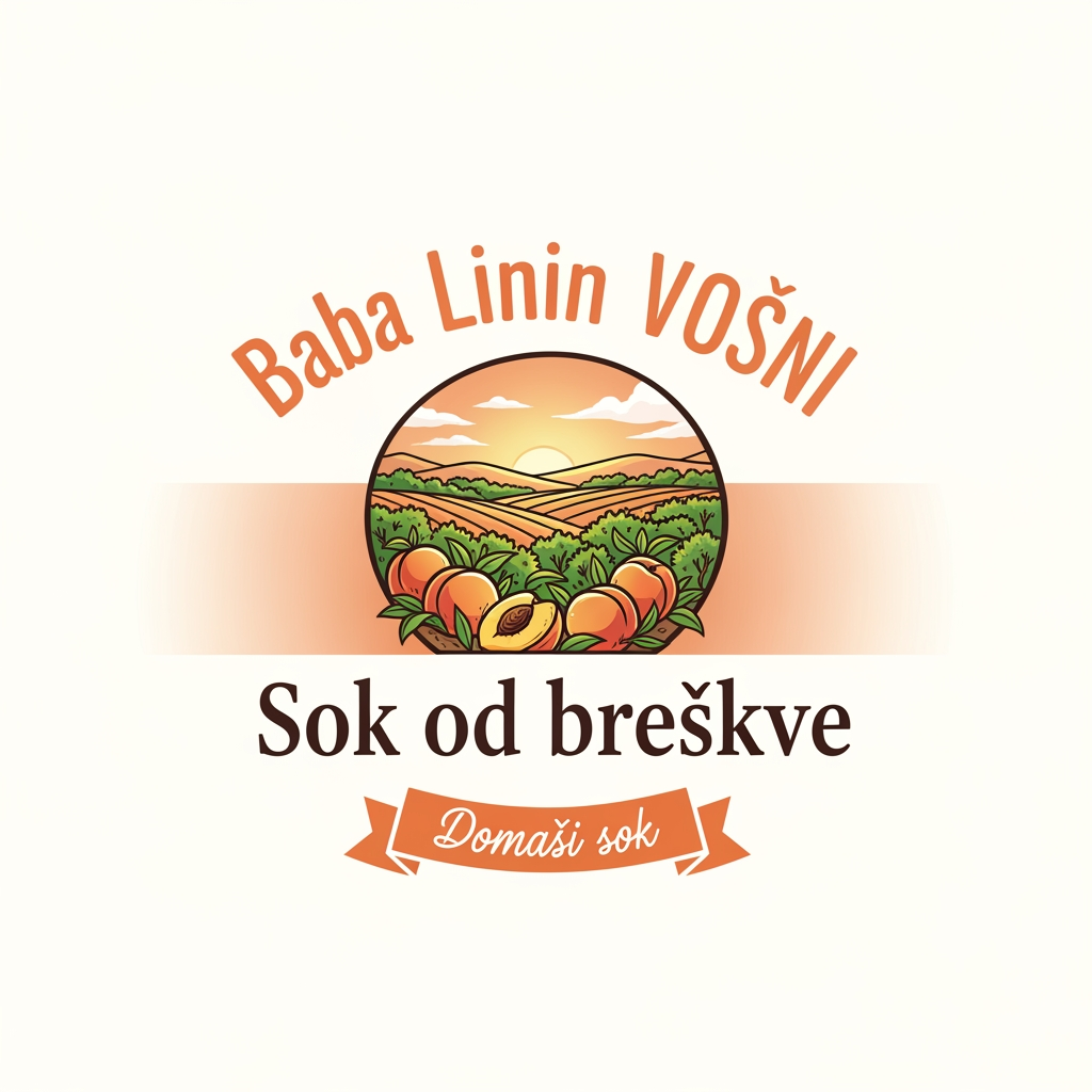AI Design for a comforting logo image of logo dilling the paperthat we can put on bottles logo on a white backgorund that says Baba Linin VEUV and then down says Sok od breskve with images of peaches and has a peachy gradient with feilds of peaches a comforting domaci sok written in serbian the c is ć it should be warm and delightfull