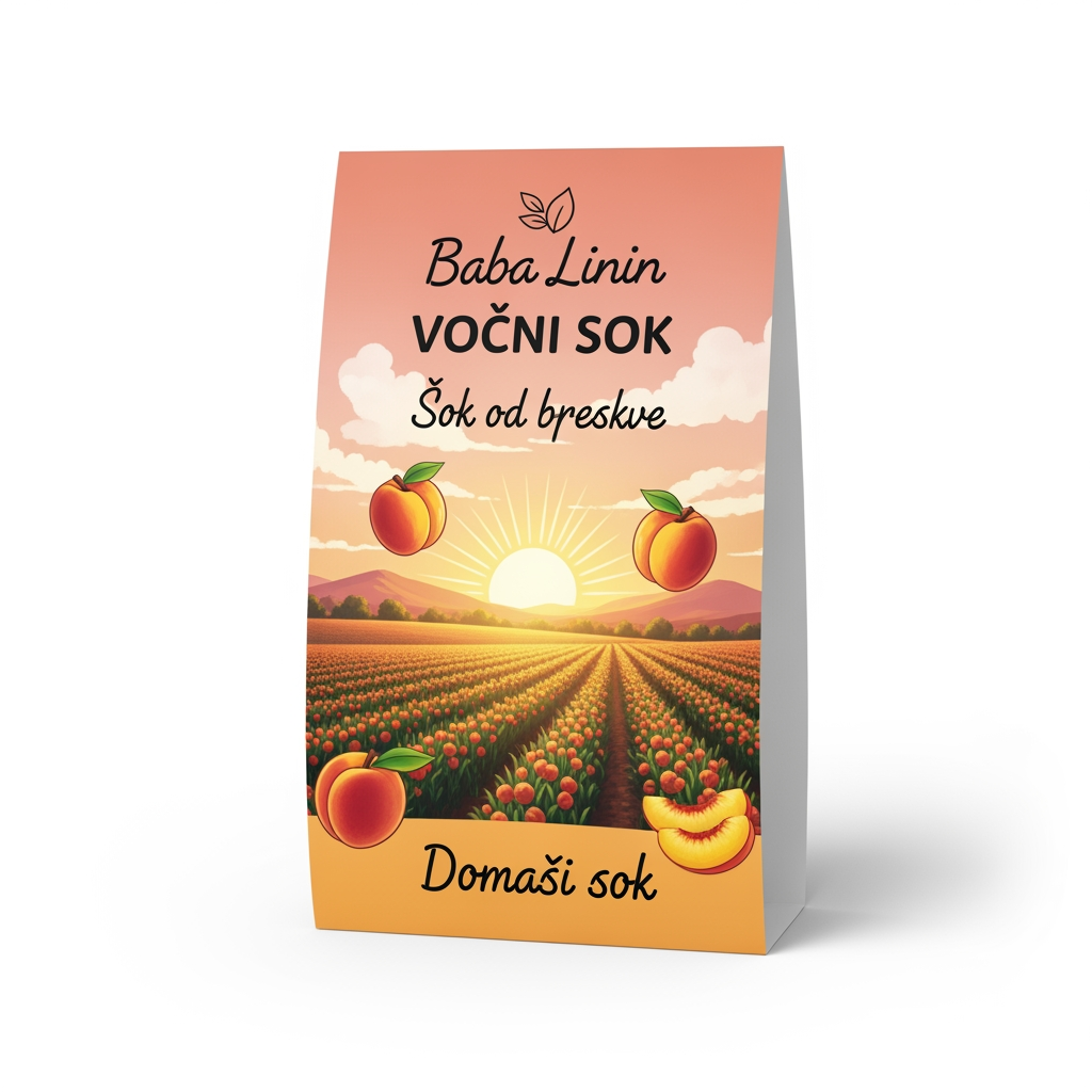 AI Design for a comforting curved paper that we can put on bottles logo on a white backgorund that says Baba Linin VEUV and then down says Sok od breskve with images of peaches and has a peachy gradient with feilds of peaches a comforting domaci sok written in serbian the c is ć it should be warm and delightfull