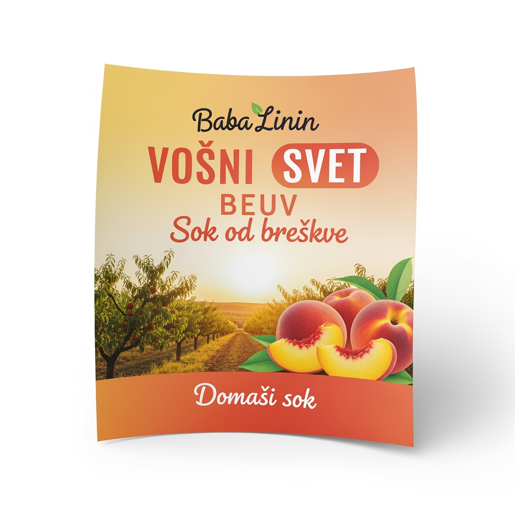 AI Design for a comforting curved paper that we can put on bottles logo on a white backgorund that says Baba Linin VEUV and then down says Sok od breskve with images of peaches and has a peachy gradient with feilds of peaches a comforting domaci sok written in serbian the c is ć it should be warm and delightfull