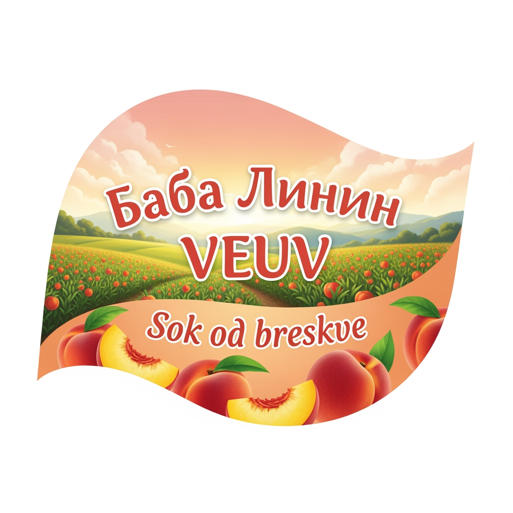 AI Design for a comforting logo image of logo dilling the paperthat we can put on bottles logo on a white backgorund that says Baba Linin VEUV and then down says Sok od breskve with images of peaches and has a peachy gradient with feilds of peaches a comforting domaci sok written in serbian the c is ć it should be warm and delightfull
