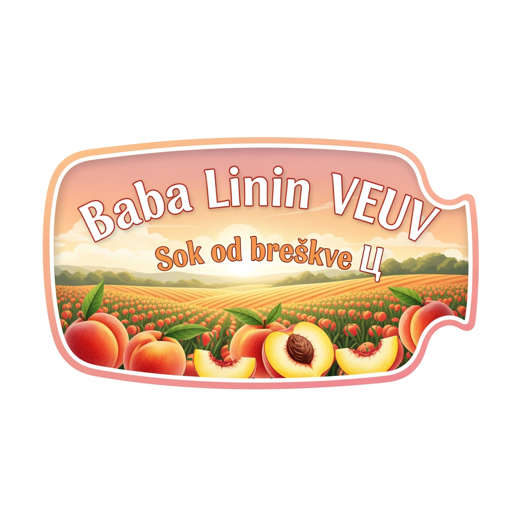 AI Design for a comforting logo image of logo dilling the paperthat we can put on bottles logo on a white backgorund that says Baba Linin VEUV and then down says Sok od breskve with images of peaches and has a peachy gradient with feilds of peaches a comforting domaci sok written in serbian the c is ć it should be warm and delightfull