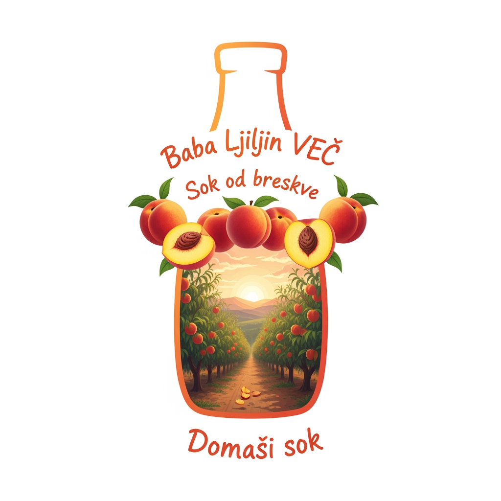 AI Design for a comforting curved bottle logo on a white backgorund that says Baba Linin VEUV and then down says Sok od breskve with images of peaches and has a peachy gradient with feilds of peaches a comforting domaci sok written in serbian the c is ć it should be warm and delightfull