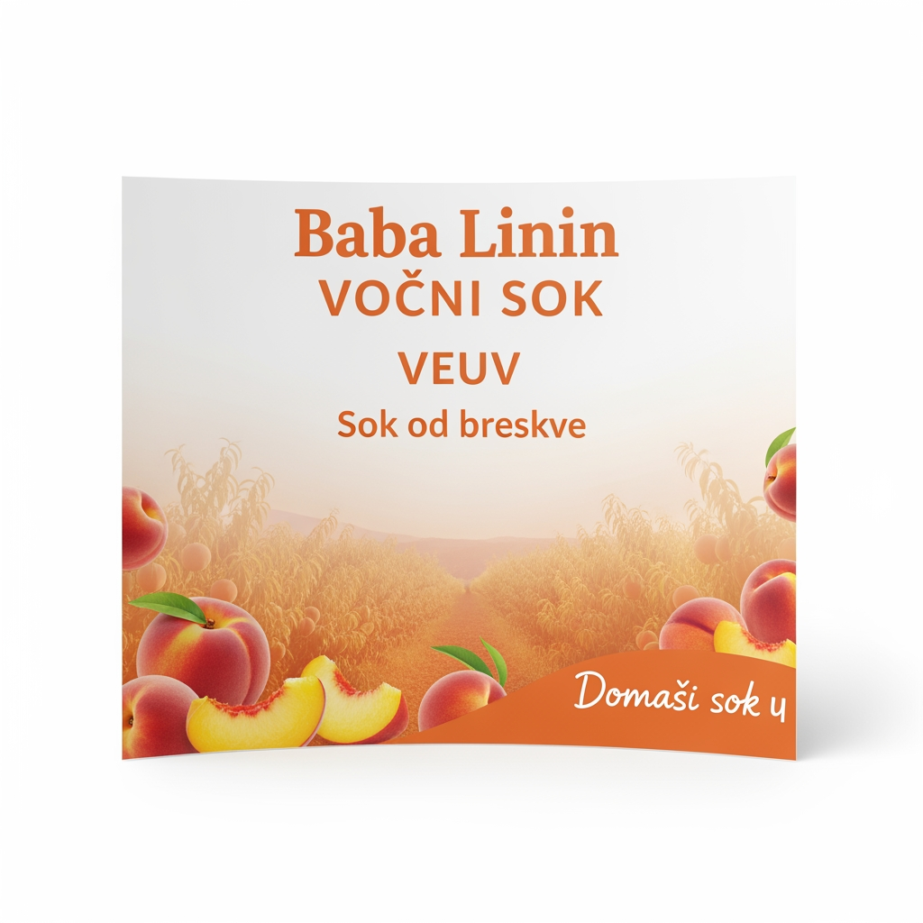 AI Design for a comforting curved paper that we can put on bottles logo on a white backgorund that says Baba Linin VEUV and then down says Sok od breskve with images of peaches and has a peachy gradient with feilds of peaches a comforting domaci sok written in serbian the c is ć it should be warm and delightfull