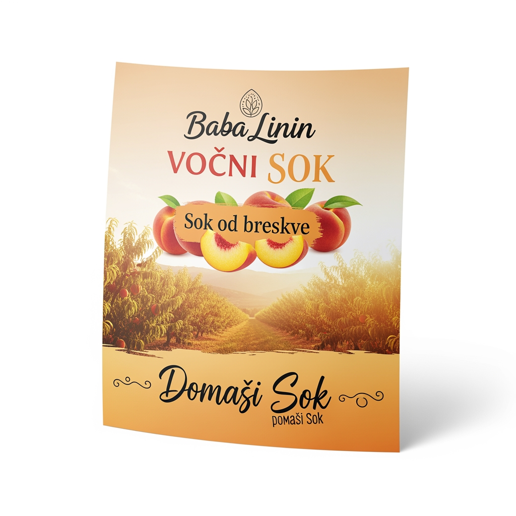 AI Design for a comforting curved paper that we can put on bottles logo on a white backgorund that says Baba Linin VEUV and then down says Sok od breskve with images of peaches and has a peachy gradient with feilds of peaches a comforting domaci sok written in serbian the c is ć it should be warm and delightfull