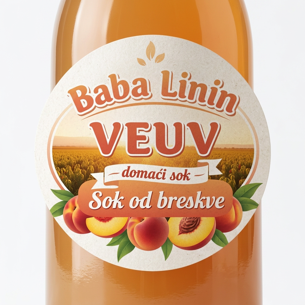 AI Design for a comforting logo image of logo dilling the paperthat we can put on bottles logo on a white backgorund that says Baba Linin VEUV and then down says Sok od breskve with images of peaches and has a peachy gradient with feilds of peaches a comforting domaci sok written in serbian the c is ć not č and not sok od breškve just sok od breskve it should be warm and delightfull