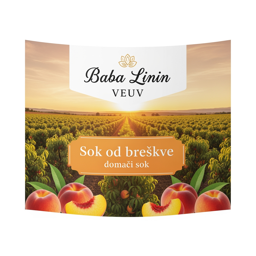 AI Design for a comforting curved paper that we can put on bottles logo on a white backgorund that says Baba Linin VEUV and then down says Sok od breskve with images of peaches and has a peachy gradient with feilds of peaches a comforting domaci sok written in serbian the c is ć it should be warm and delightfull