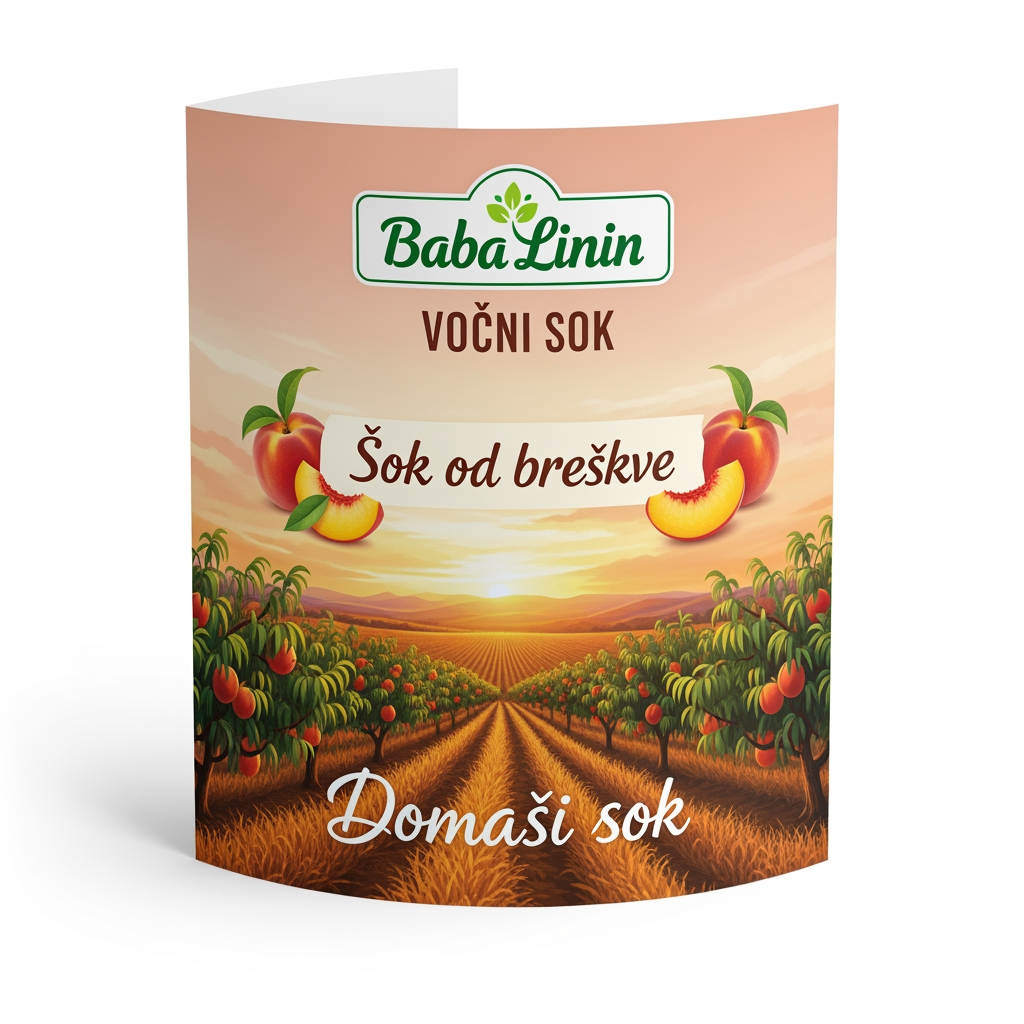 AI Design for a comforting curved paper that we can put on bottles logo on a white backgorund that says Baba Linin VEUV and then down says Sok od breskve with images of peaches and has a peachy gradient with feilds of peaches a comforting domaci sok written in serbian the c is ć it should be warm and delightfull