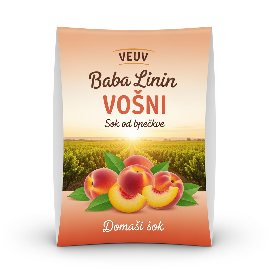 AI Design for a comforting curved paper that we can put on bottles logo on a white backgorund that says Baba Linin VEUV and then down says Sok od breskve with images of peaches and has a peachy gradient with feilds of peaches a comforting domaci sok written in serbian the c is ć it should be warm and delightfull