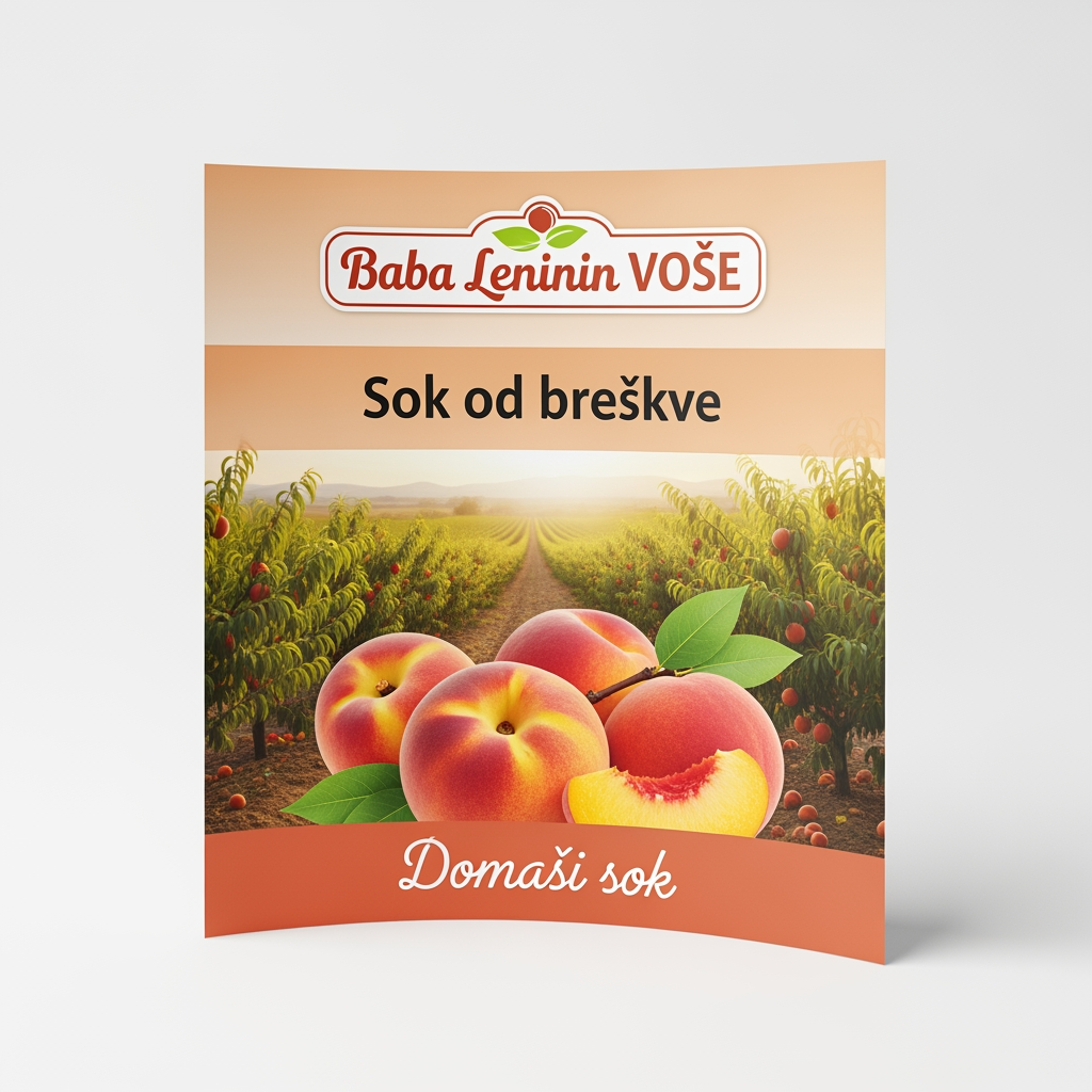 AI Design for a comforting curved paper that we can put on bottles logo on a white backgorund that says Baba Linin VEUV and then down says Sok od breskve with images of peaches and has a peachy gradient with feilds of peaches a comforting domaci sok written in serbian the c is ć it should be warm and delightfull