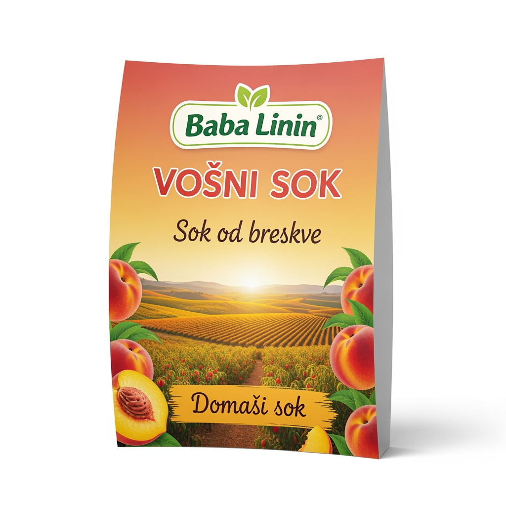 AI Design for a comforting curved paper that we can put on bottles logo on a white backgorund that says Baba Linin VEUV and then down says Sok od breskve with images of peaches and has a peachy gradient with feilds of peaches a comforting domaci sok written in serbian the c is ć it should be warm and delightfull