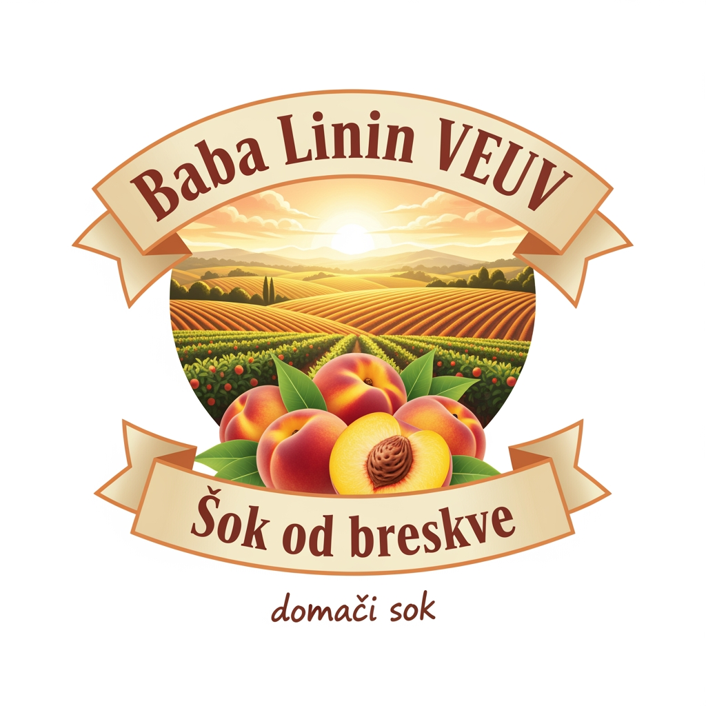 AI Design for a comforting logo image of logo dilling the paperthat we can put on bottles logo on a white backgorund that says Baba Linin VEUV and then down says Sok od breskve with images of peaches and has a peachy gradient with feilds of peaches a comforting domaci sok written in serbian the c is ć it should be warm and delightfull