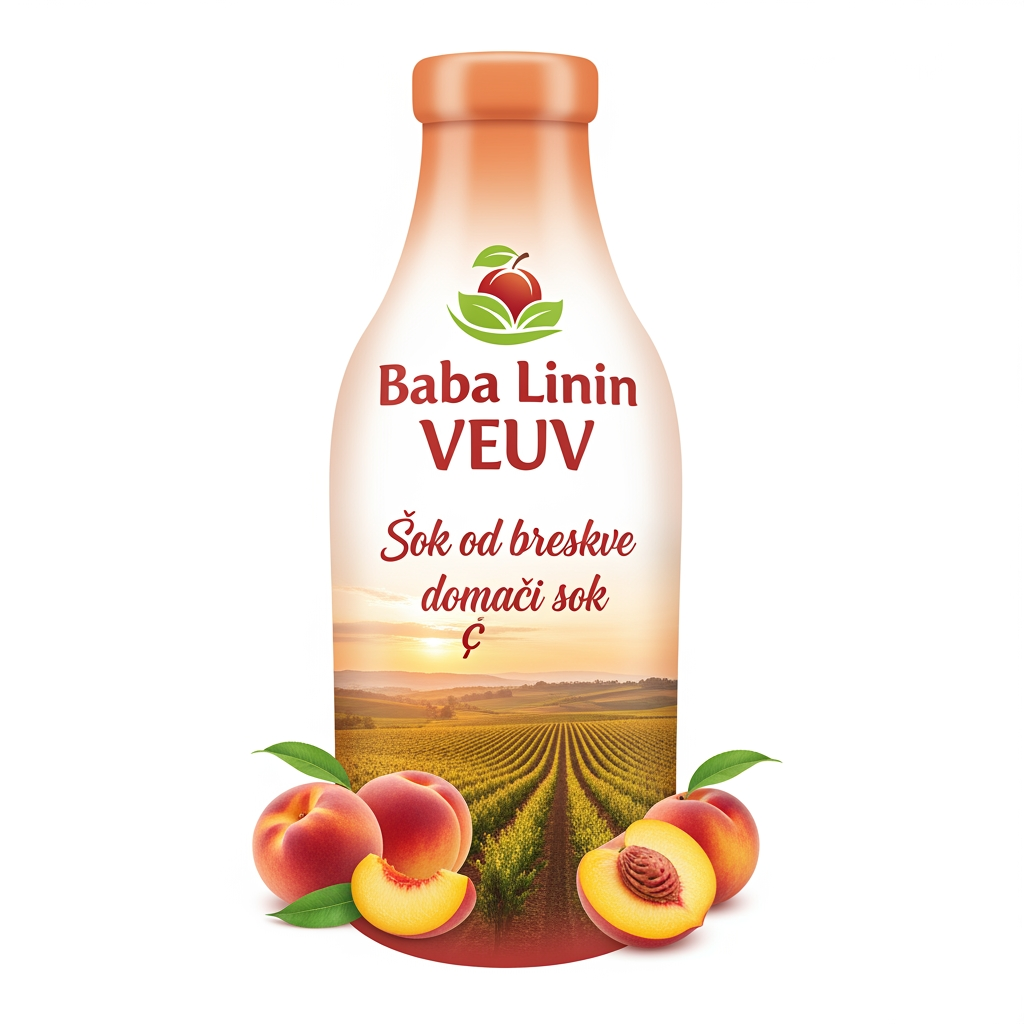 AI Design for a comforting curved bottle logo on a white backgorund that says Baba Linin VEUV and then down says Sok od breskve with images of peaches and has a peachy gradient with feilds of peaches a comforting domaci sok written in serbian the c is ć it should be warm and delightfull