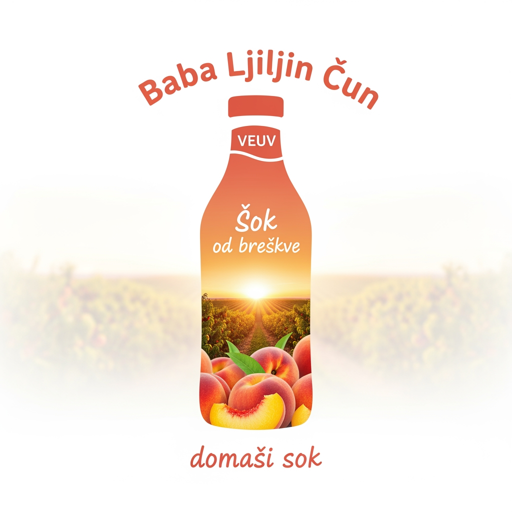 AI Design for a comforting curved bottle logo on a white backgorund that says Baba Linin VEUV and then down says Sok od breskve with images of peaches and has a peachy gradient with feilds of peaches a comforting domaci sok written in serbian the c is ć it should be warm and delightfull