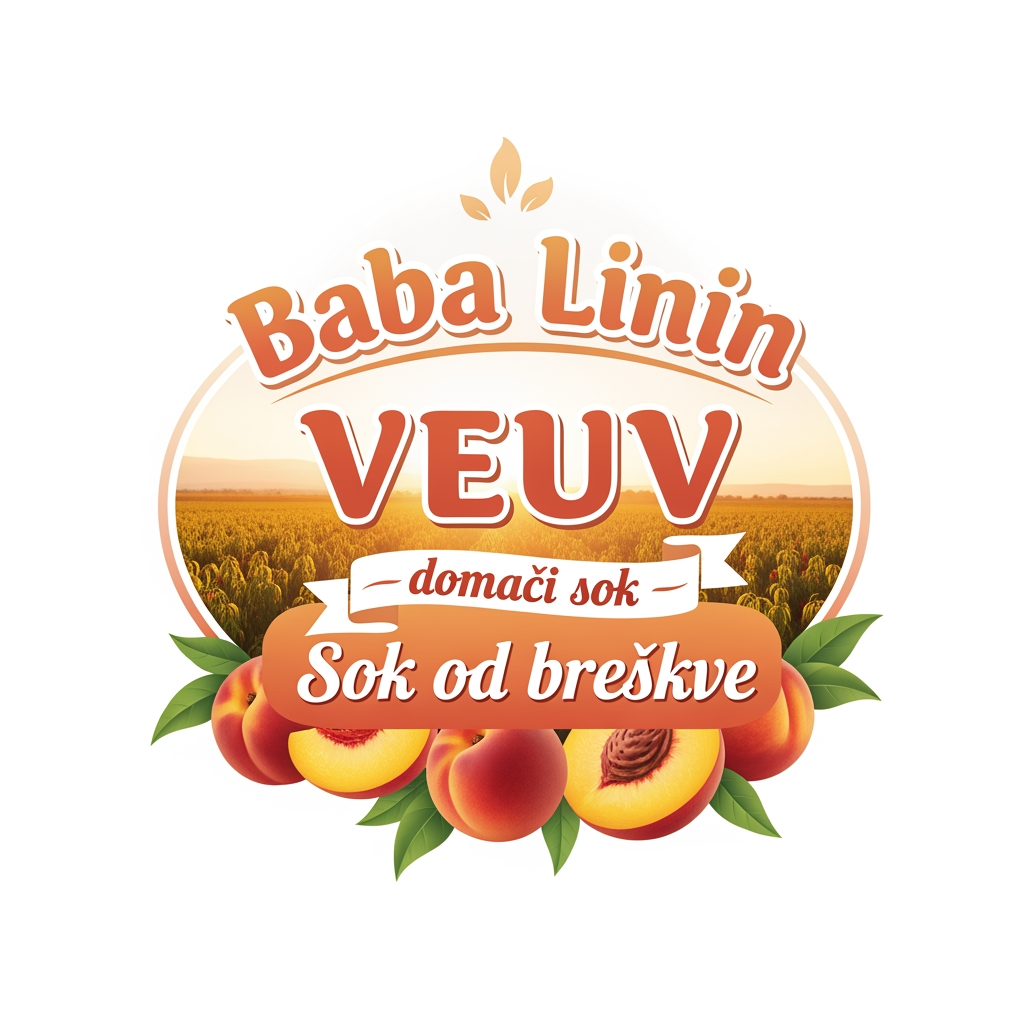 AI Design for a comforting logo image of logo dilling the paperthat we can put on bottles logo on a white backgorund that says Baba Linin VEUV and then down says Sok od breskve with images of peaches and has a peachy gradient with feilds of peaches a comforting domaci sok written in serbian the c is ć it should be warm and delightfull
