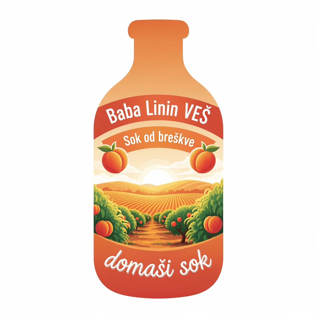 AI Design for a comforting curved bottle logo on a white backgorund that says Baba Linin VEUV and then down says Sok od breskve with images of peaches and has a peachy gradient with feilds of peaches a comforting domaci sok written in serbian the c is ć it should be warm and delightfull