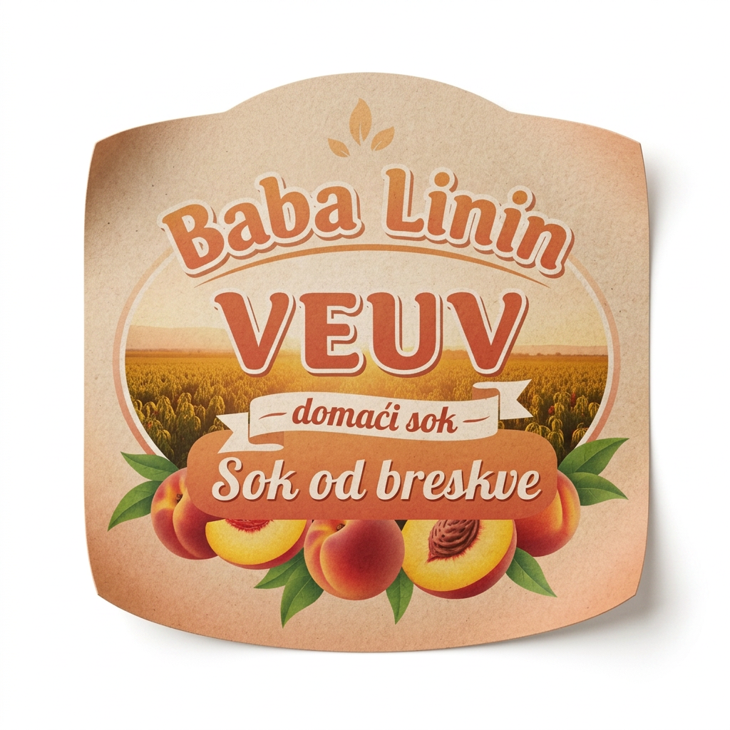 AI Design for a comforting logo image of logo dilling the paperthat we can put on bottles logo on a white backgorund that says Baba Linin VEUV and then down says Sok od breskve with images of peaches and has a peachy gradient with feilds of peaches a comforting domaci sok written in serbian the c is ć not č and not sok od breškve just sok od breskve it should be warm and delightfull
