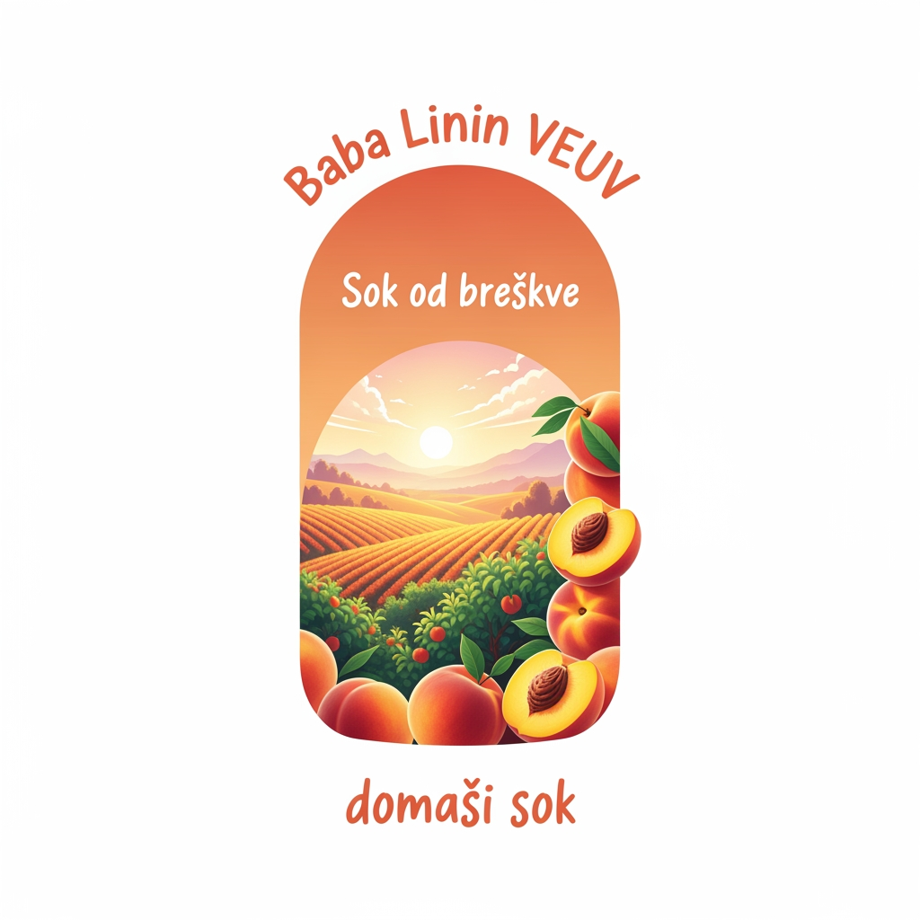 AI Design for a comforting curved bottle logo on a white backgorund that says Baba Linin VEUV and then down says Sok od breskve with images of peaches and has a peachy gradient with feilds of peaches a comforting domaci sok written in serbian the c is ć it should be warm and delightfull