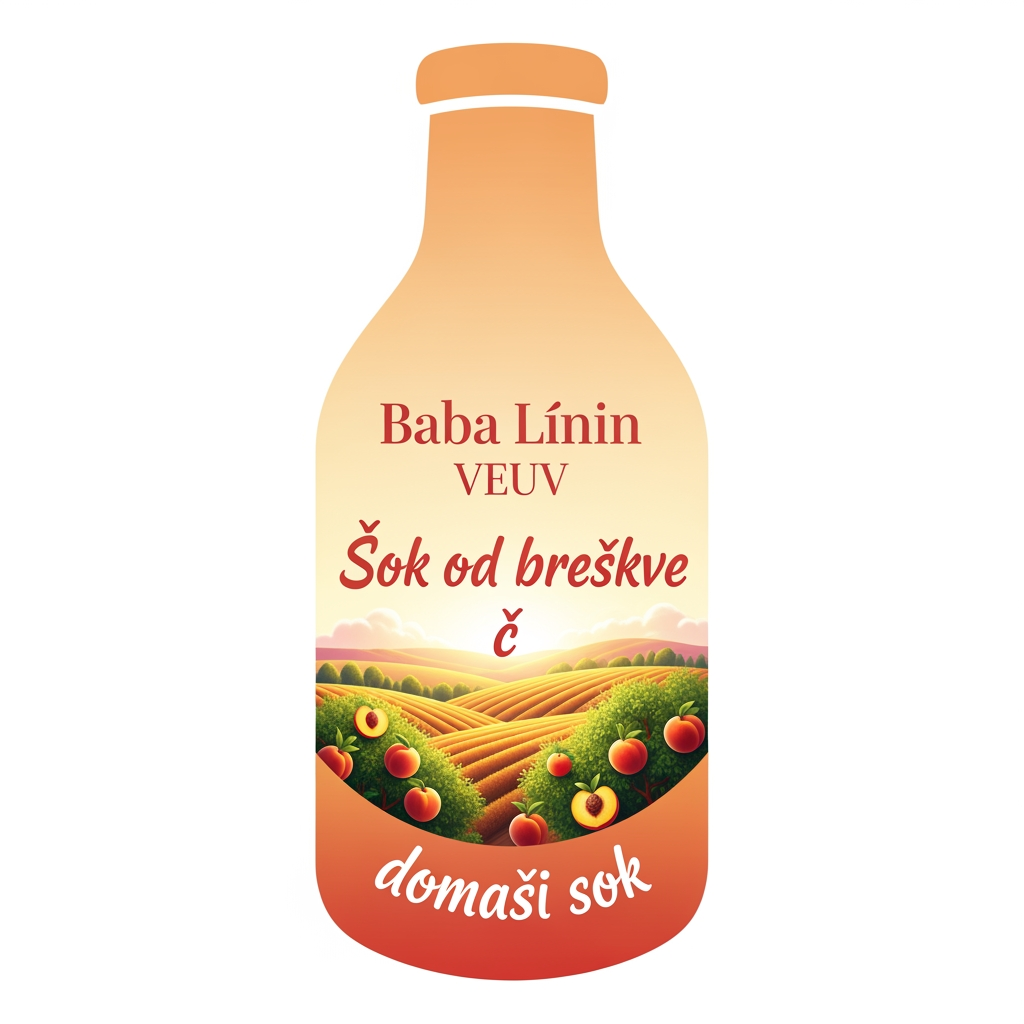 AI Design for a comforting curved bottle logo on a white backgorund that says Baba Linin VEUV and then down says Sok od breskve with images of peaches and has a peachy gradient with feilds of peaches a comforting domaci sok written in serbian the c is ć it should be warm and delightfull