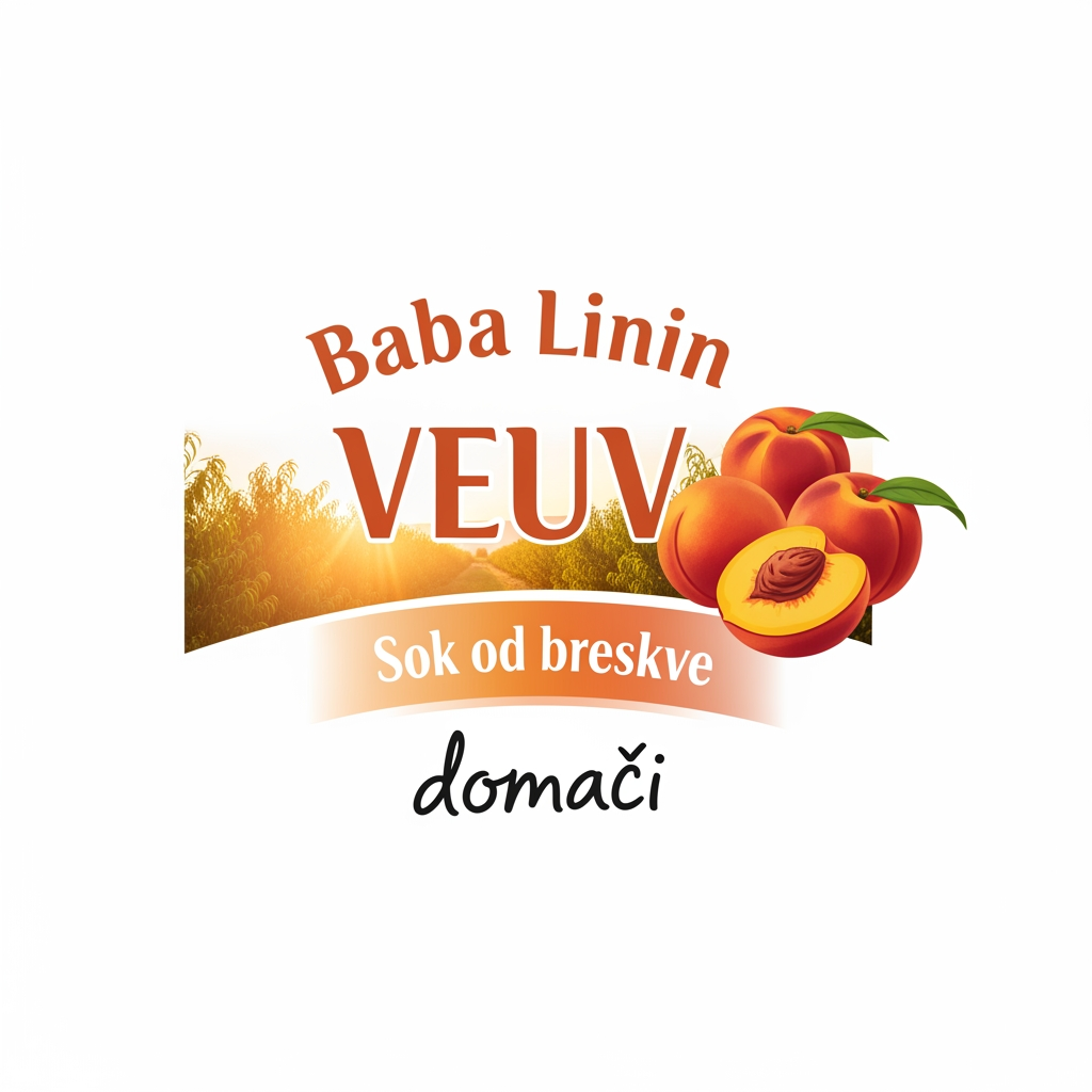 AI Design for a comforting curved bottle logo on a white backgorund that says Baba Linin VEUV and then down says Sok od breskve with images of peaches and has a peachy gradient with feilds of peaches a comforting domaci sok written in serbian the c is ć it should be warm and delightfull