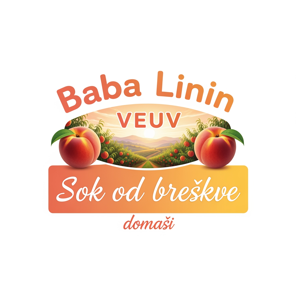 AI Design for a comforting logo image of logo dilling the paperthat we can put on bottles logo on a white backgorund that says Baba Linin VEUV and then down says Sok od breskve with images of peaches and has a peachy gradient with feilds of peaches a comforting domaci sok written in serbian the c is ć it should be warm and delightfull