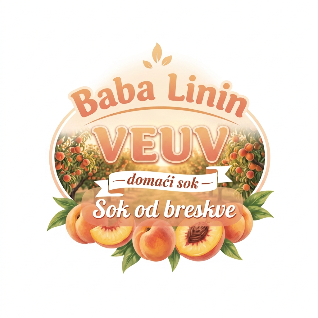 AI Design for a comforting logo image of logo dilling the paperthat we can put on bottles logo on a white backgorund that says Baba Linin VEUV and then down says Sok od breskve with images of peaches and has a peachy gradient with feilds of peaches a comforting domaci sok written in serbian the c is ć not č and not sok od breškve just sok od breskve it should be warm and delightfull