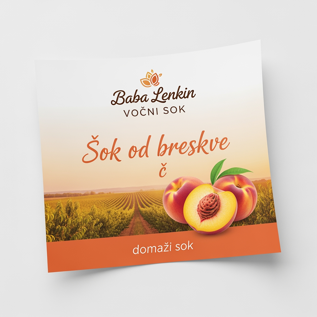 AI Design for a comforting curved paper that we can put on bottles logo on a white backgorund that says Baba Linin VEUV and then down says Sok od breskve with images of peaches and has a peachy gradient with feilds of peaches a comforting domaci sok written in serbian the c is ć it should be warm and delightfull