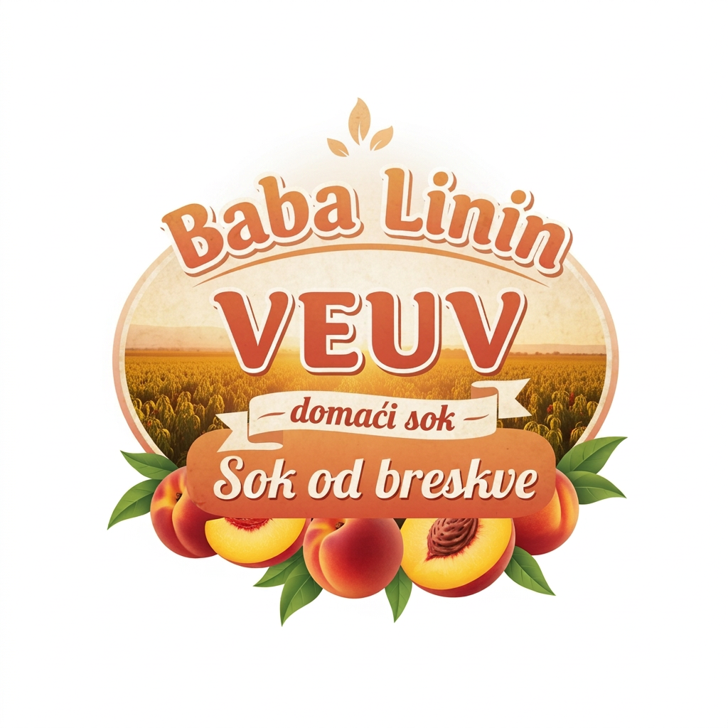 AI Design for a comforting logo image of logo dilling the paperthat we can put on bottles logo on a white backgorund that says Baba Linin VEUV and then down says Sok od breskve with images of peaches and has a peachy gradient with feilds of peaches a comforting domaci sok written in serbian the c is ć not č and not sok od breškve just sok od breskve it should be warm and delightfull