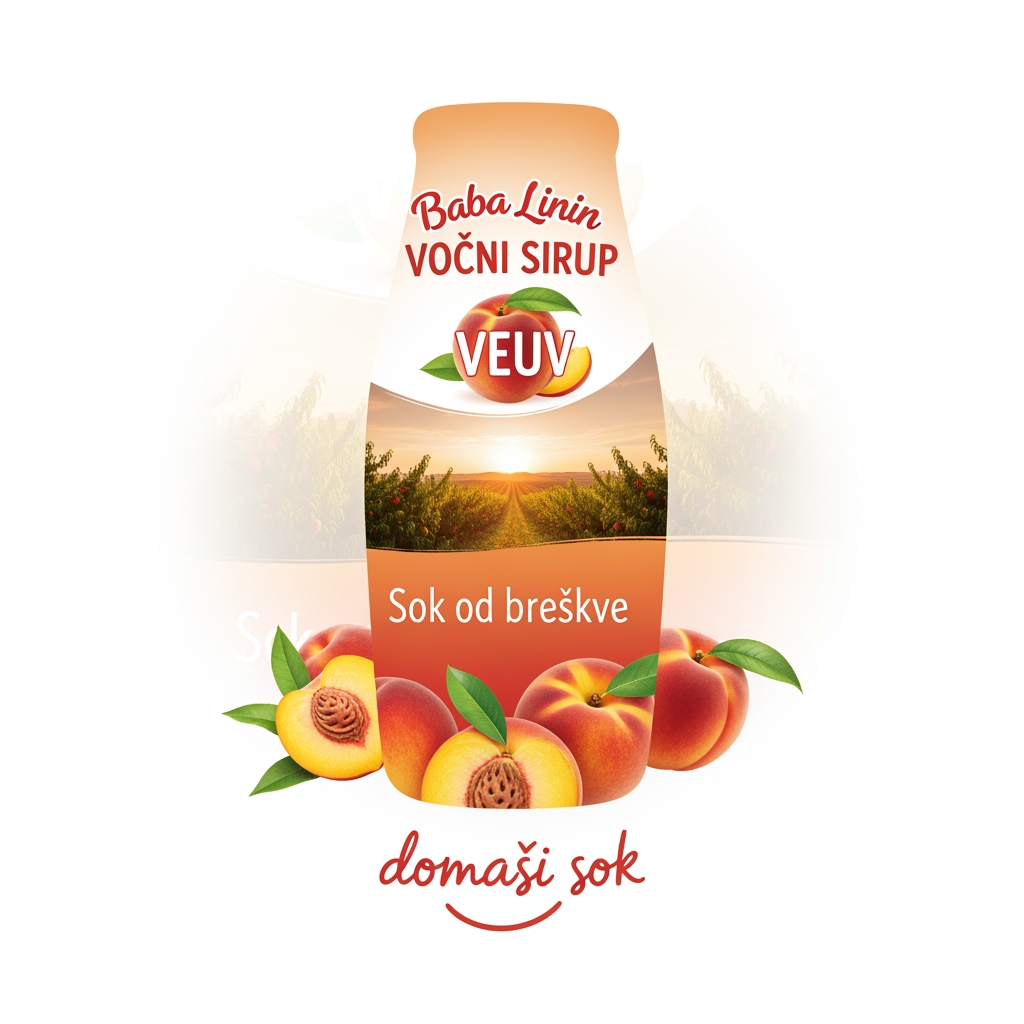 AI Design for a comforting curved bottle logo on a white backgorund that says Baba Linin VEUV and then down says Sok od breskve with images of peaches and has a peachy gradient with feilds of peaches a comforting domaci sok written in serbian the c is ć it should be warm and delightfull