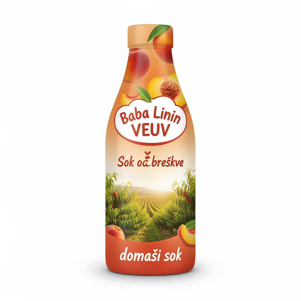 AI Design for a comforting curved bottle logo on a white backgorund that says Baba Linin VEUV and then down says Sok od breskve with images of peaches and has a peachy gradient with feilds of peaches a comforting domaci sok written in serbian the c is ć it should be warm and delightfull