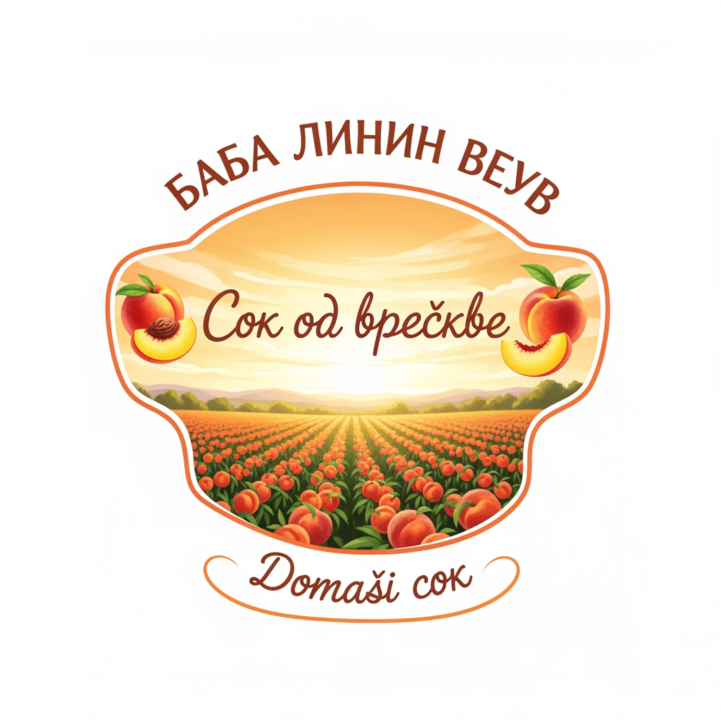 AI Design for a comforting logo image of logo dilling the paperthat we can put on bottles logo on a white backgorund that says Baba Linin VEUV and then down says Sok od breskve with images of peaches and has a peachy gradient with feilds of peaches a comforting domaci sok written in serbian the c is ć it should be warm and delightfull