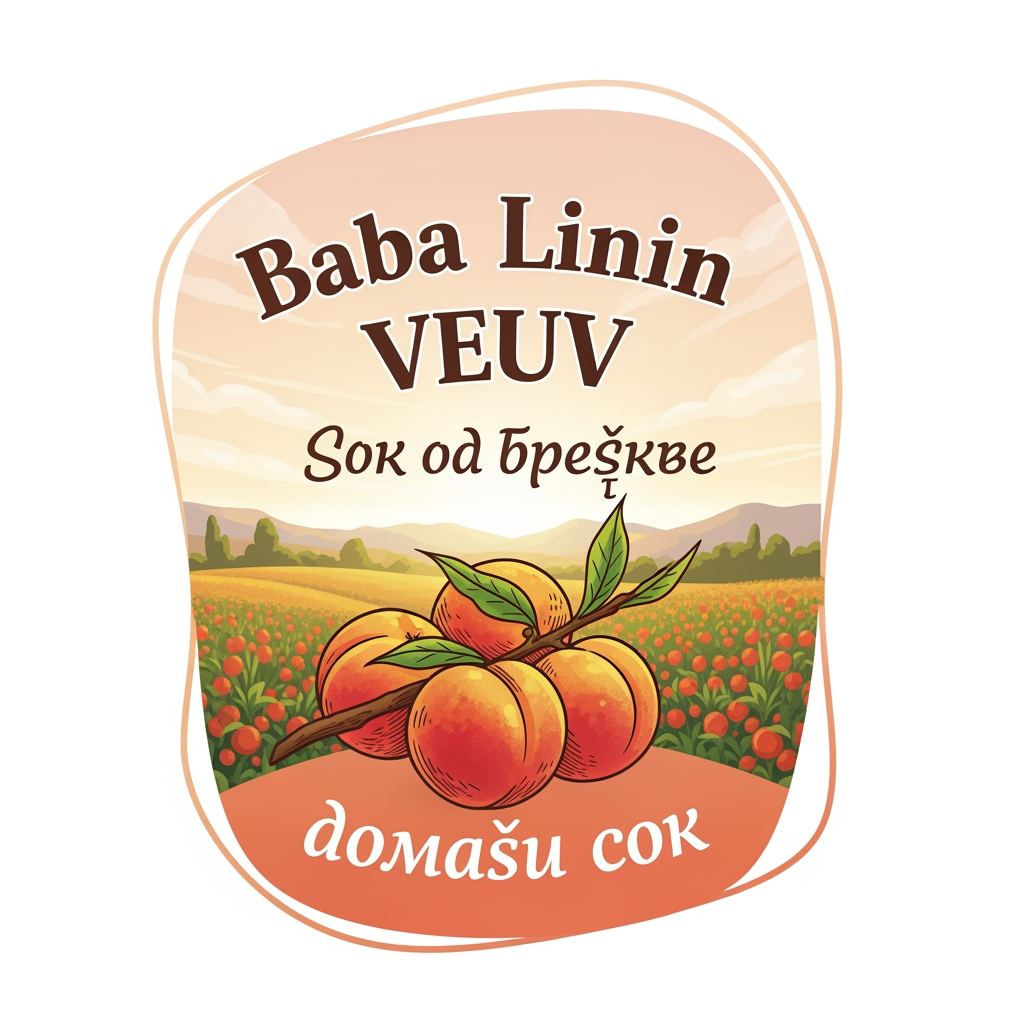 AI Design for a comforting logo image of logo dilling the paperthat we can put on bottles logo on a white backgorund that says Baba Linin VEUV and then down says Sok od breskve with images of peaches and has a peachy gradient with feilds of peaches a comforting domaci sok written in serbian the c is ć it should be warm and delightfull
