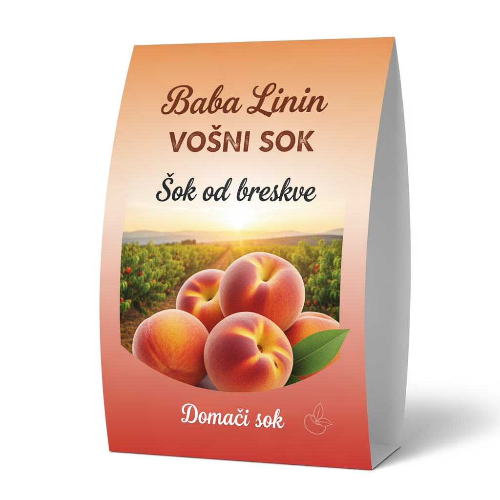 AI Design for a comforting curved paper that we can put on bottles logo on a white backgorund that says Baba Linin VEUV and then down says Sok od breskve with images of peaches and has a peachy gradient with feilds of peaches a comforting domaci sok written in serbian the c is ć it should be warm and delightfull